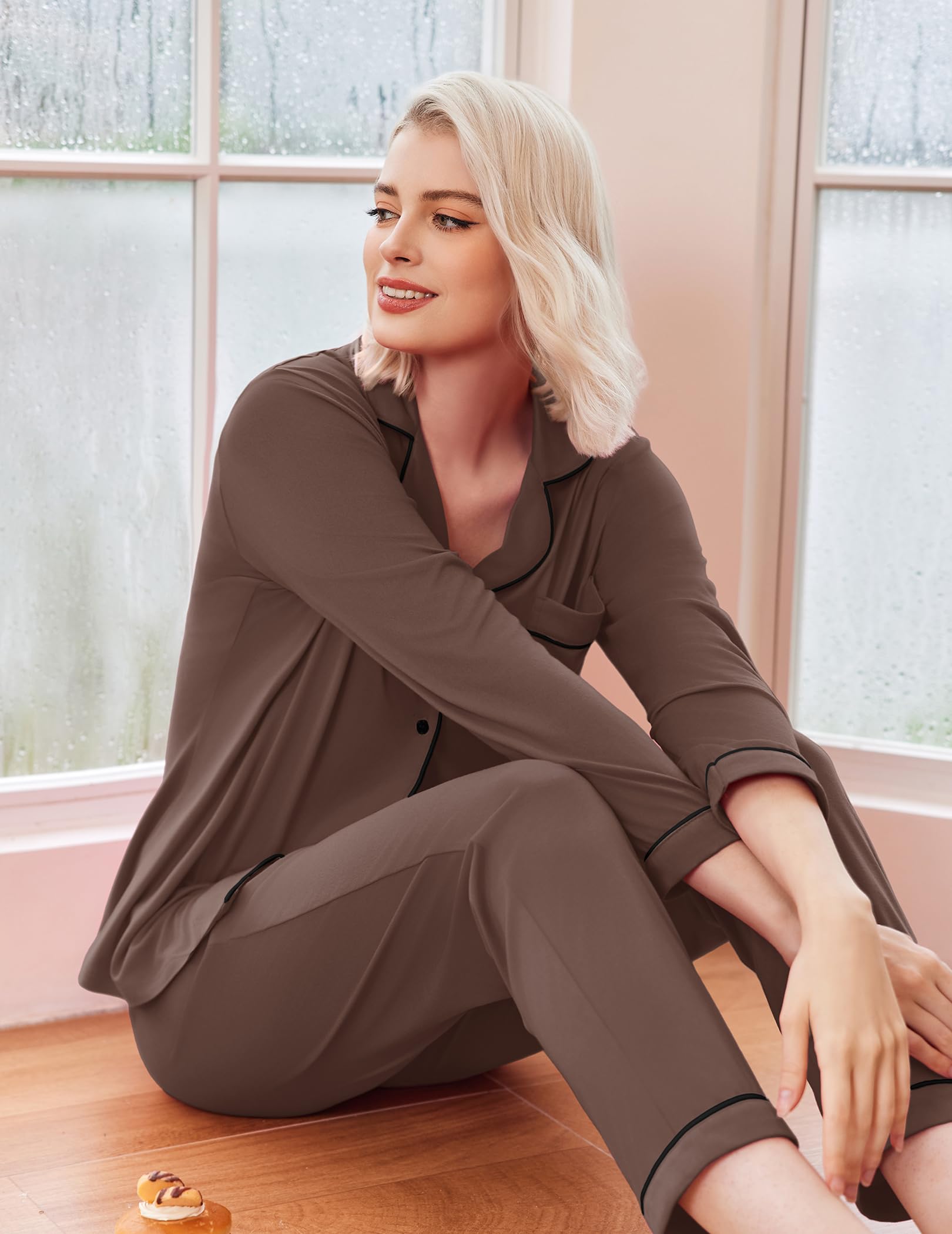 Ekouaer Womens Pajamas Set Classic Sleepwear Long Sleeve Button Up Pjs Sets