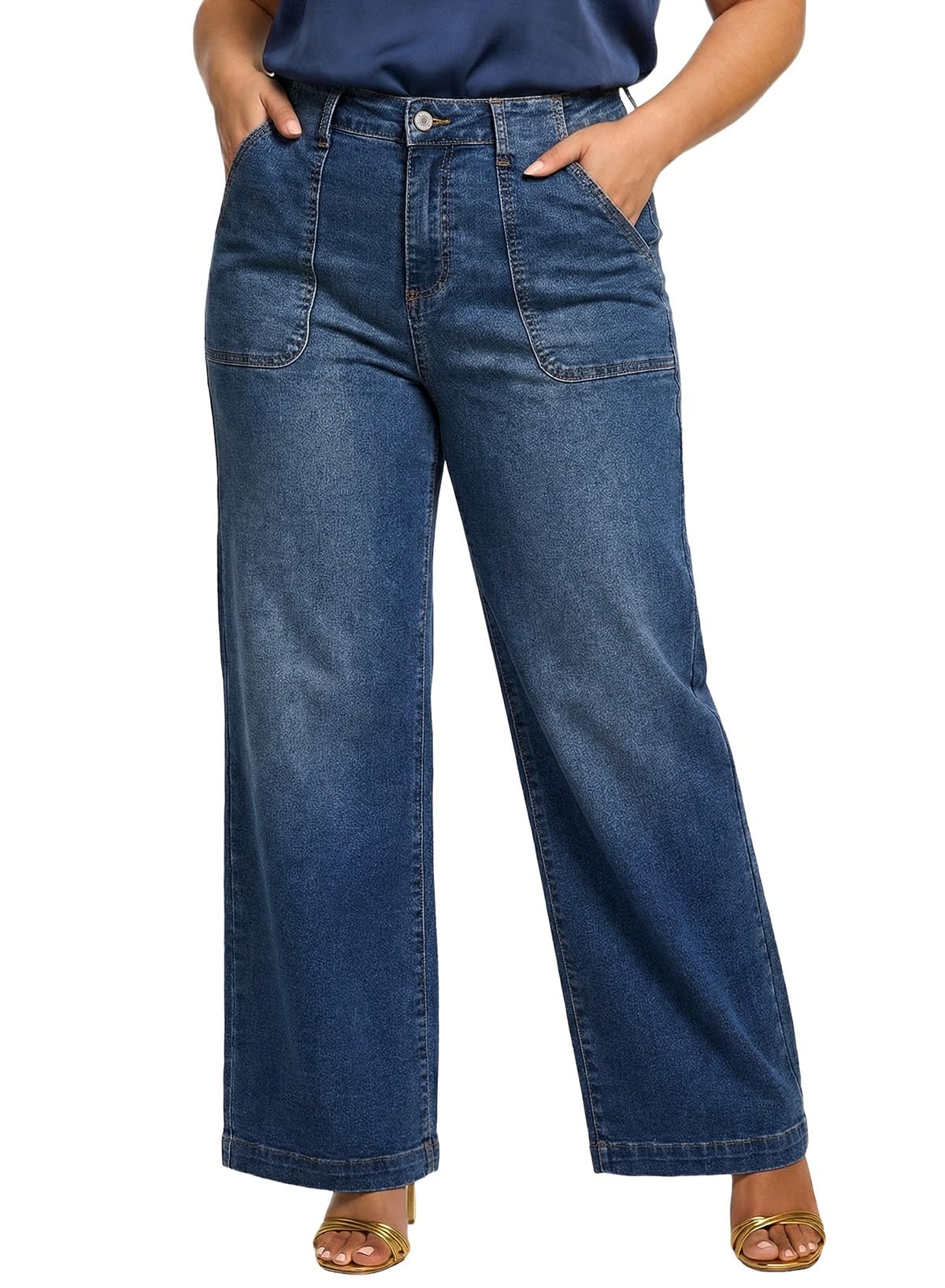 Eytino Plus Size Wide Leg Jeans for Women Elastic High Waisted Stretchy Relaxed Fit Denim Pants with Pockets(1X-5X)