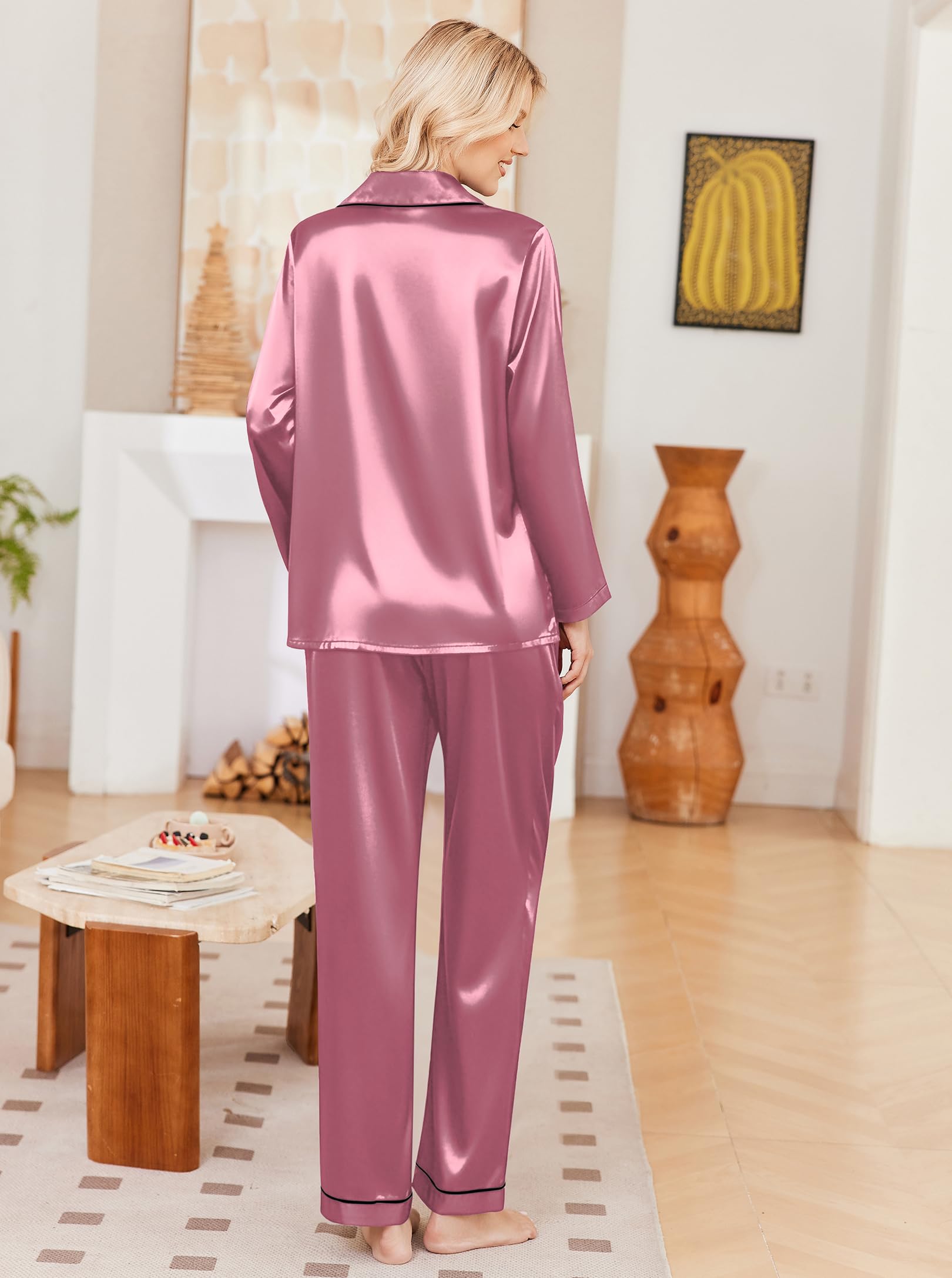 Ekouaer Womens Pajamas Silk Satin Long Sleeve Button Down Pjs Lounge Set
