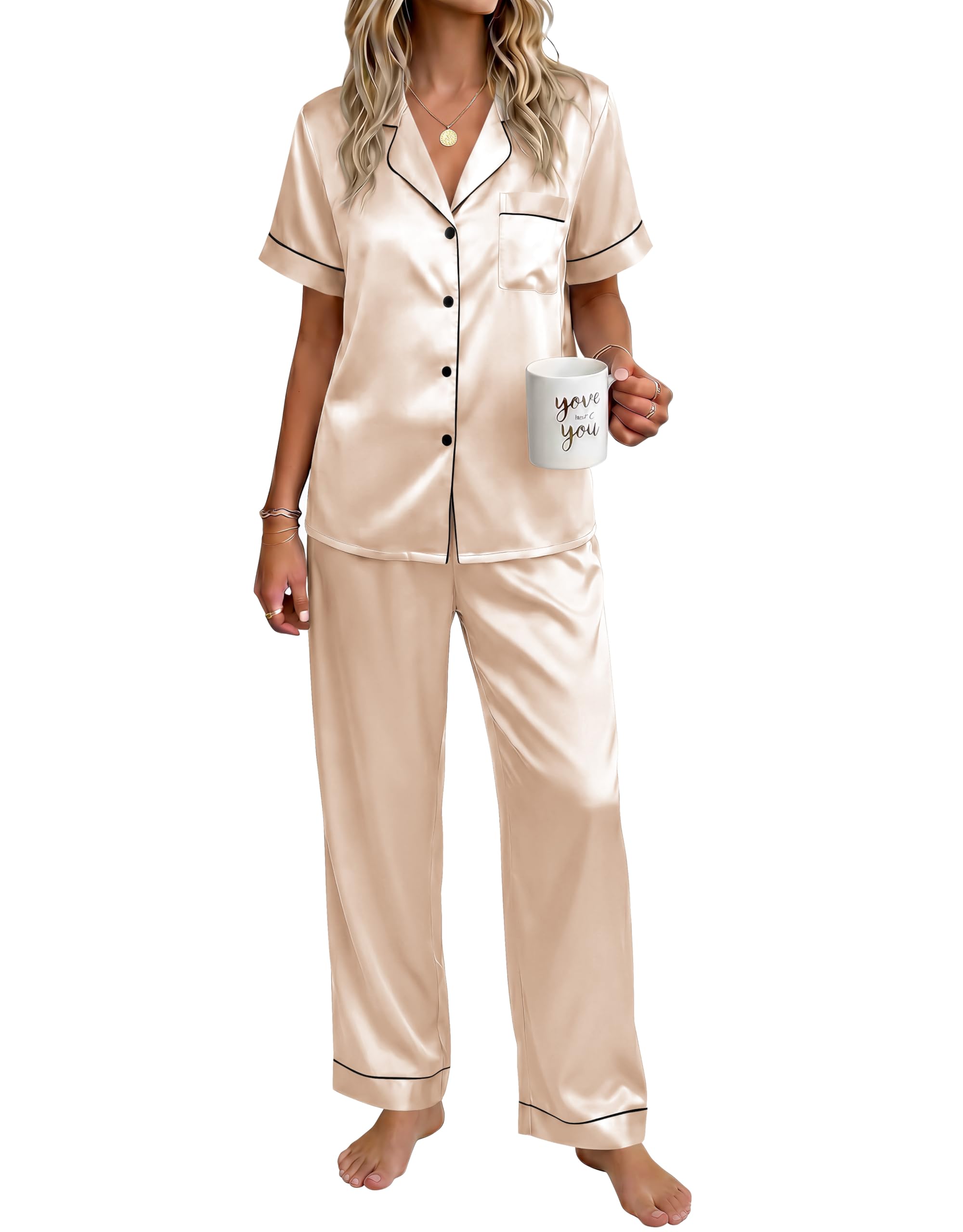 Ekouaer Womens Satin Pajama Set Silky Short Sleeve Button Down Pj Set