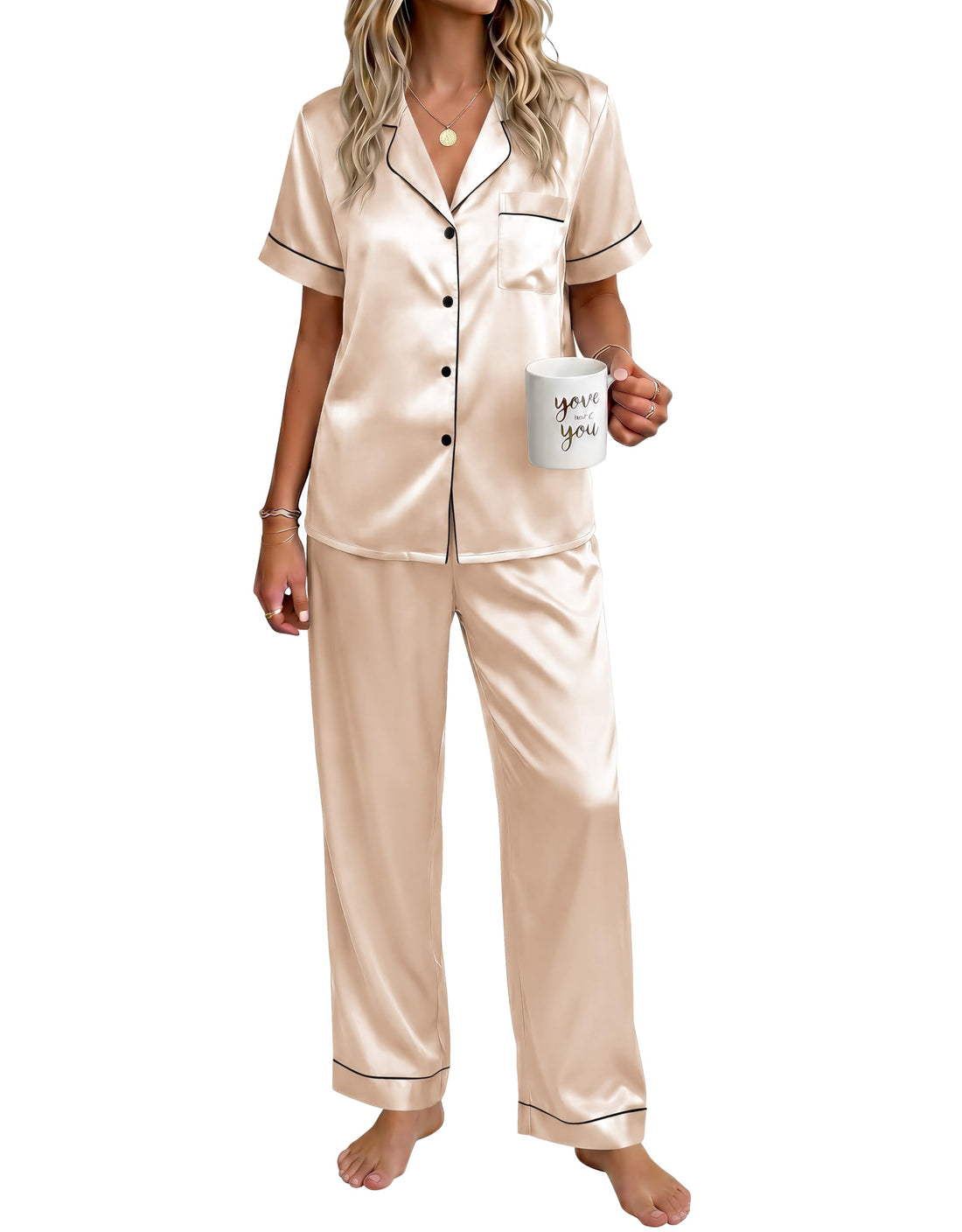 Ekouaer Womens Satin Pajama Set Silky Short Sleeve Button Down Pj Set