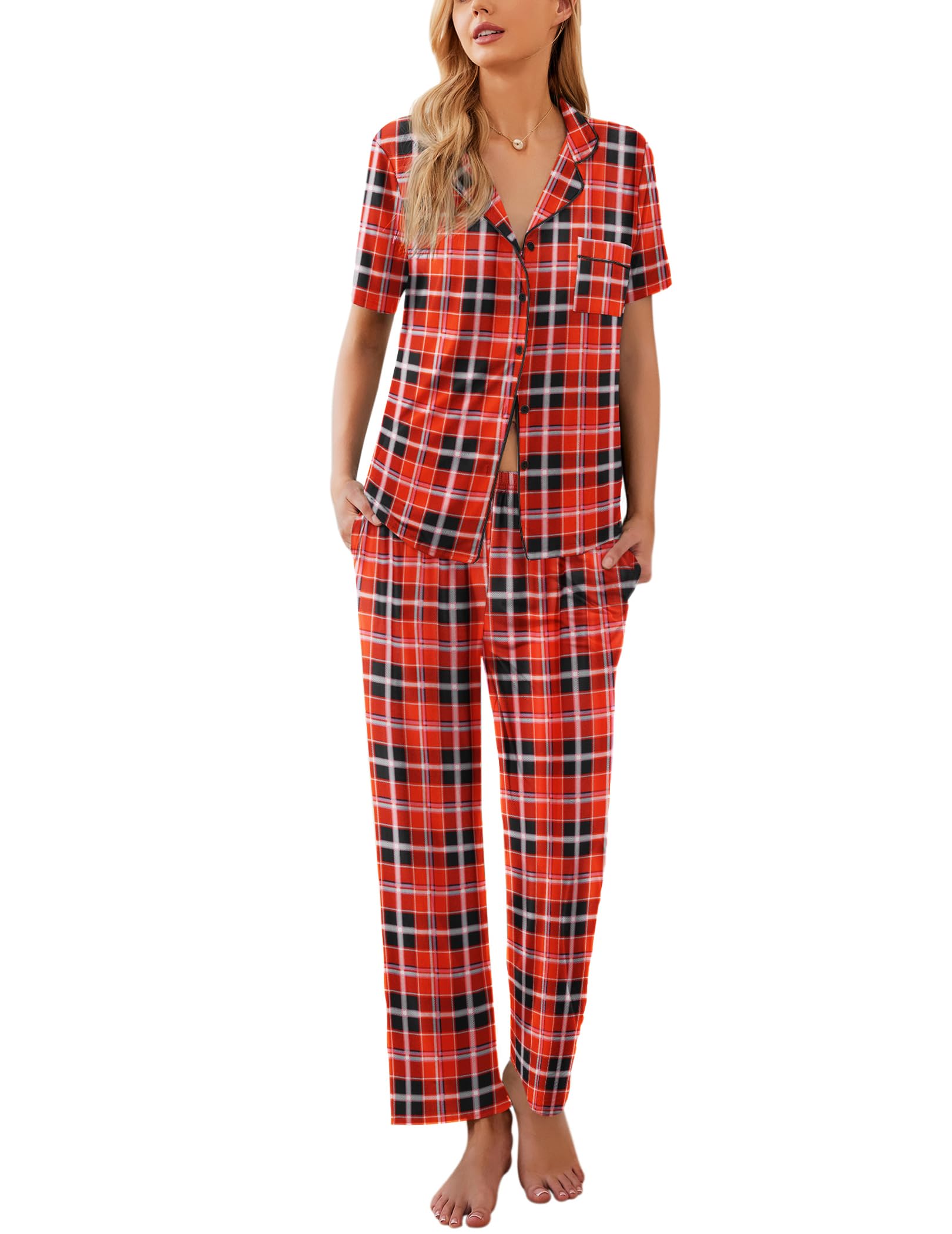 Ekouaer Womens Pajamas Set Short Sleeve Button Down Top & Pants Lounge Pjs