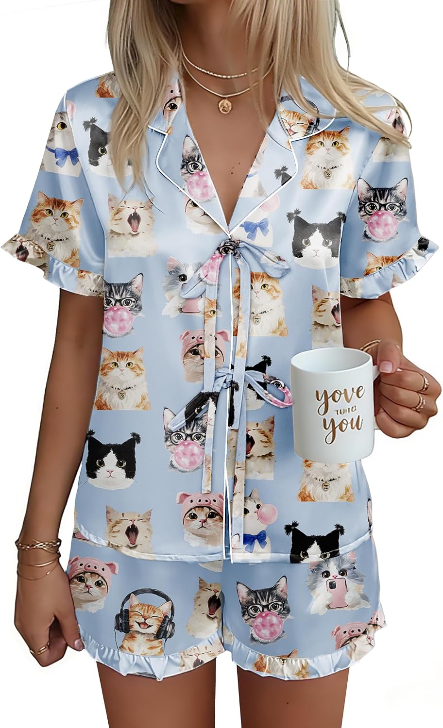 Ekouaer Satin Pajama for Women Short Sleeve Silky Pj Short Sets Lounge Set