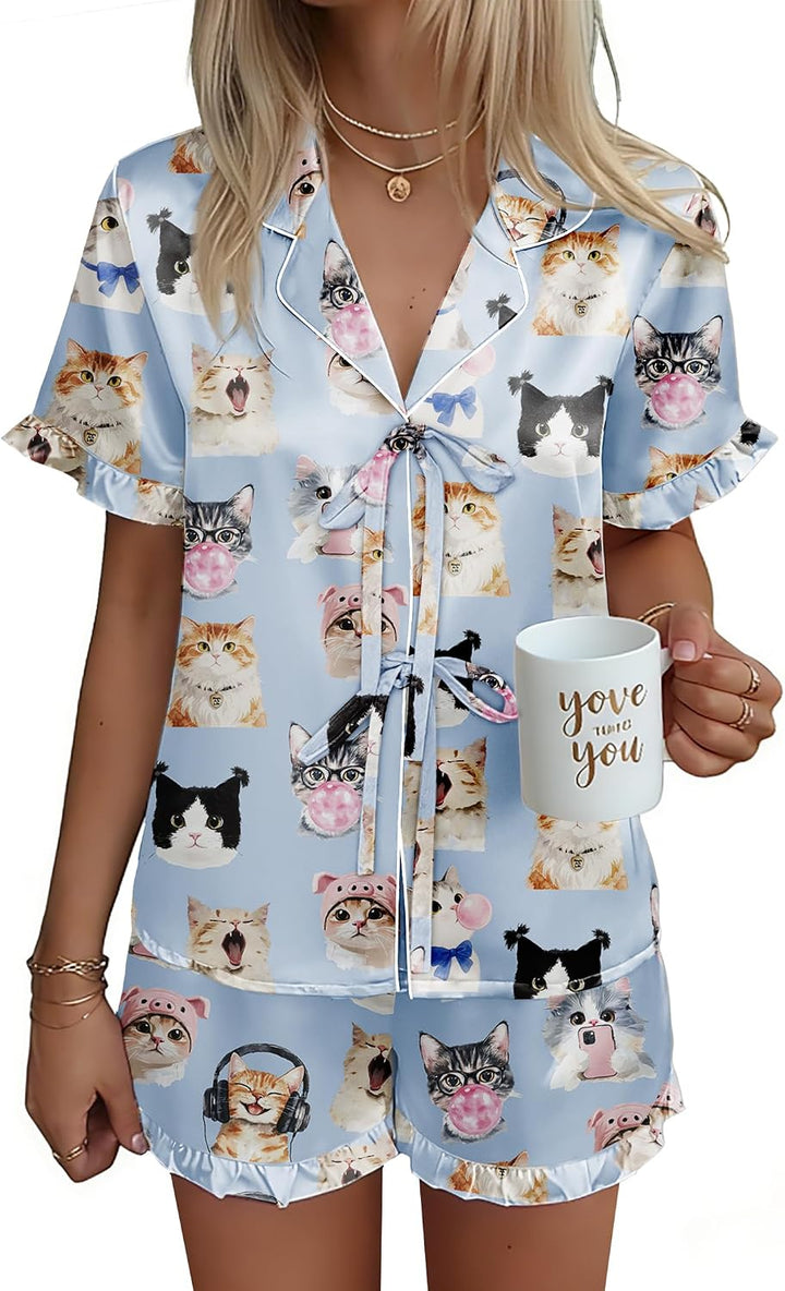 Ekouaer Satin Pajama for Women Short Sleeve Silky Pj Short Sets Lounge Set
