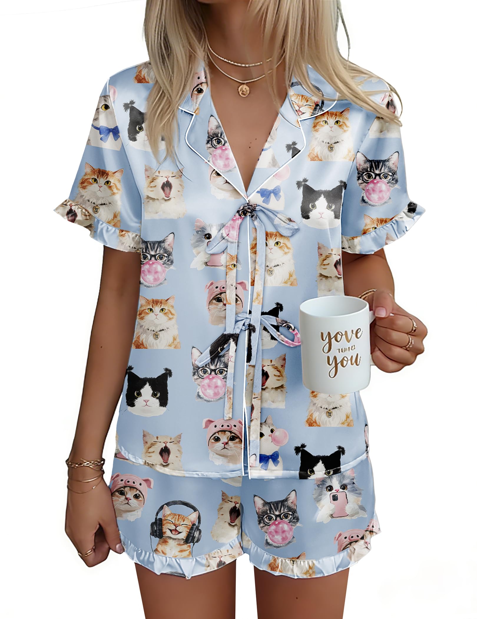 Ekouaer Satin Pajama for Women Short Sleeve Silky Pj Short Sets Lounge Set