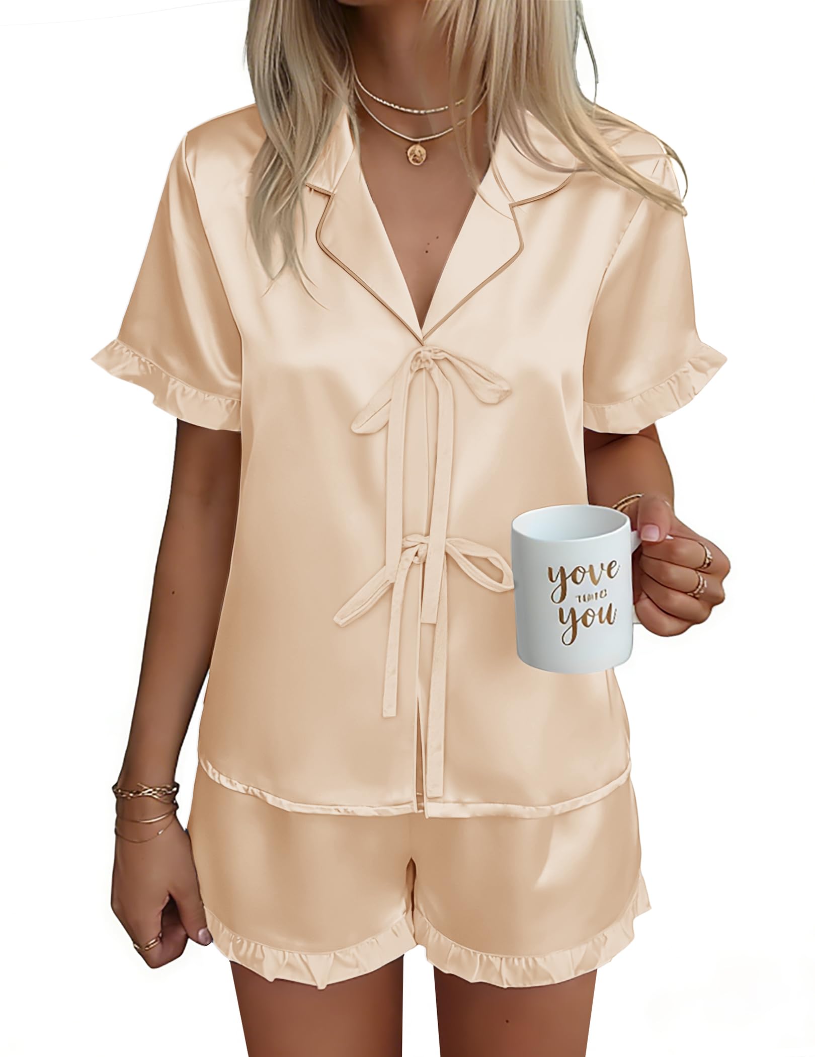 Ekouaer Satin Pajama for Women Short Sleeve Silky Pj Short Sets Lounge Set
