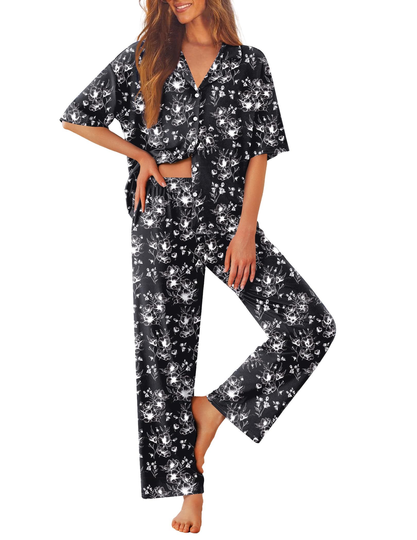 Ekouaer Women Pajamas Set Button Down Sleepwear Short Sleeve Pjs Long Pants