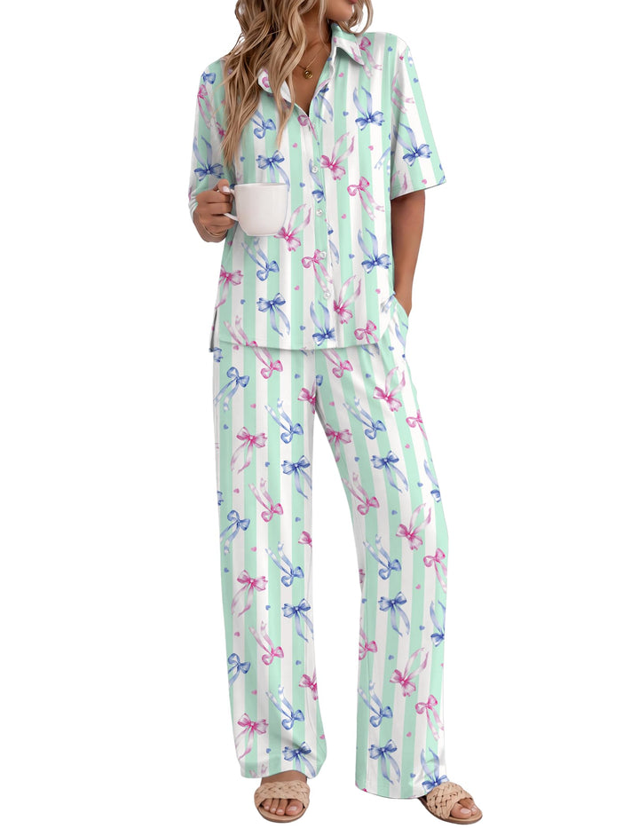 Ekouaer Pajamas for Women Set Button Up Short Sleeve Pjs with Long Pants