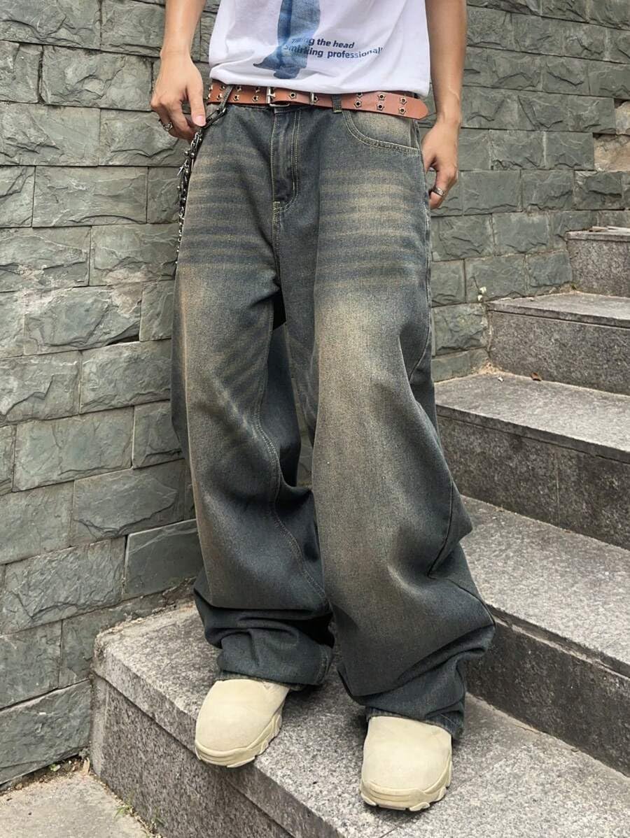 HUNGSON Mens Baggy Jeans for Men Women Y2k Skater Vintage Plain Pants Casual Wide Leg Jeans Loose Fit Denim Jeans