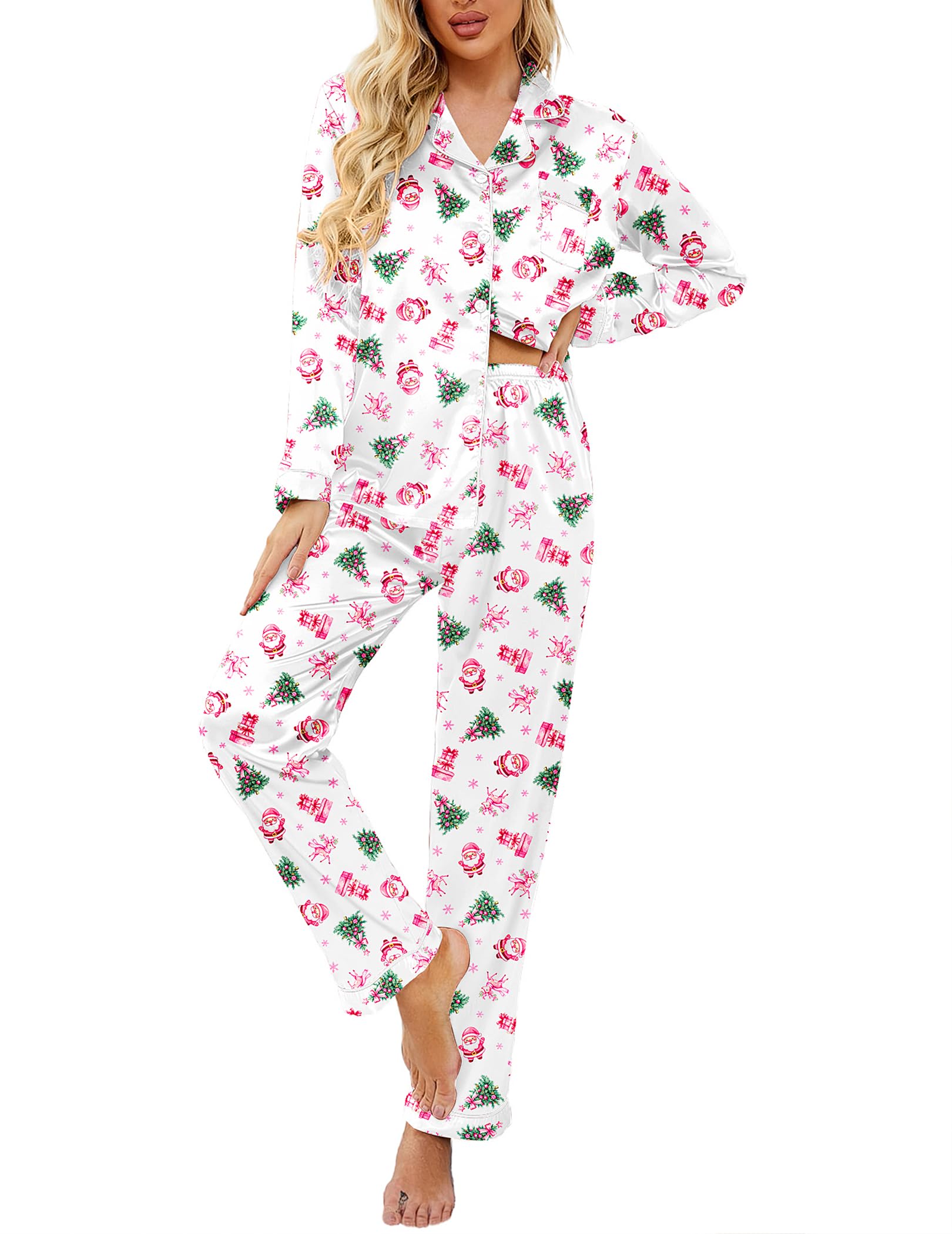 Ekouaer Women's Classic Button Down Long Satin Silk Pajama Set