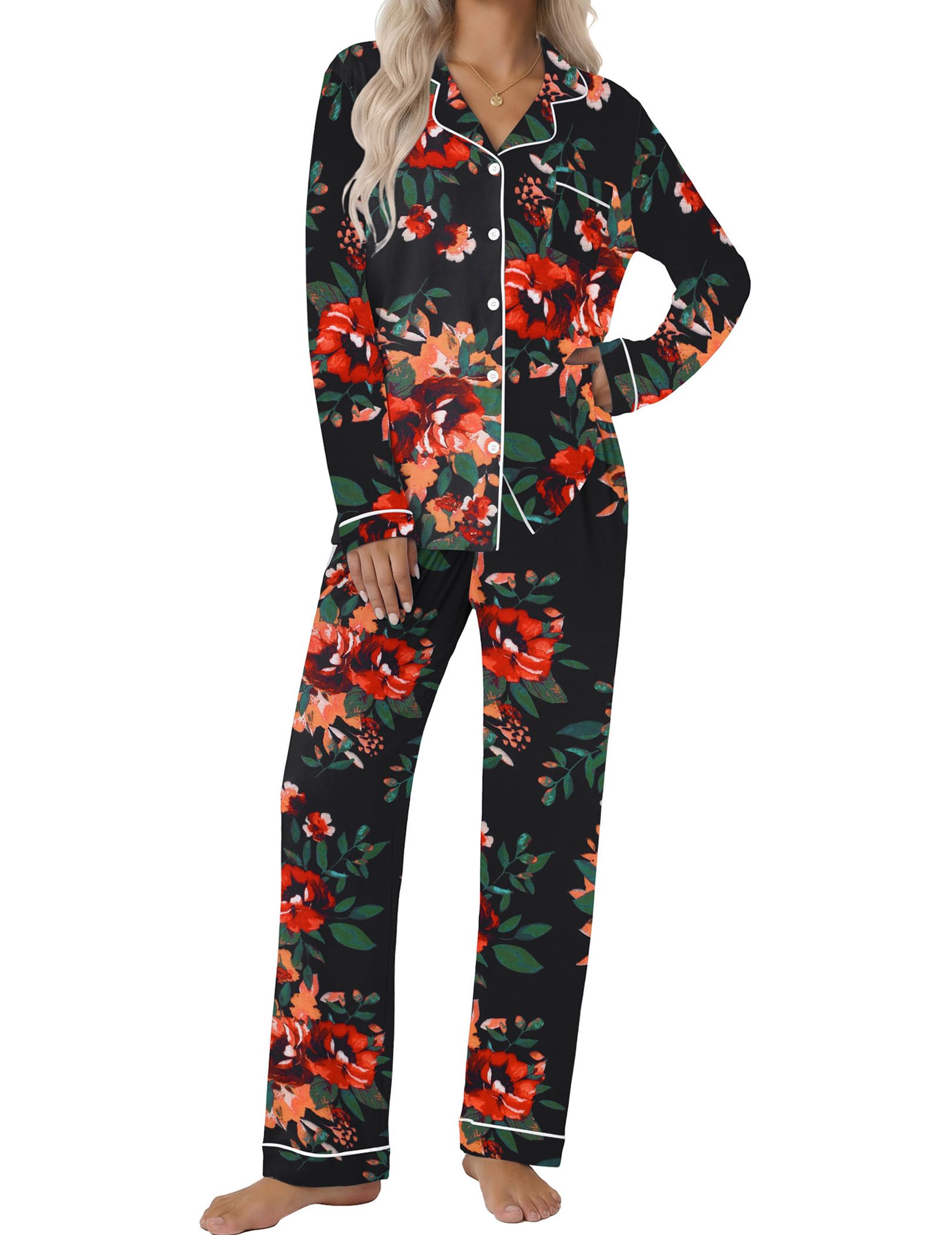 Ekouaer Women's Classic Long Sleeve Button Down Pajama Set