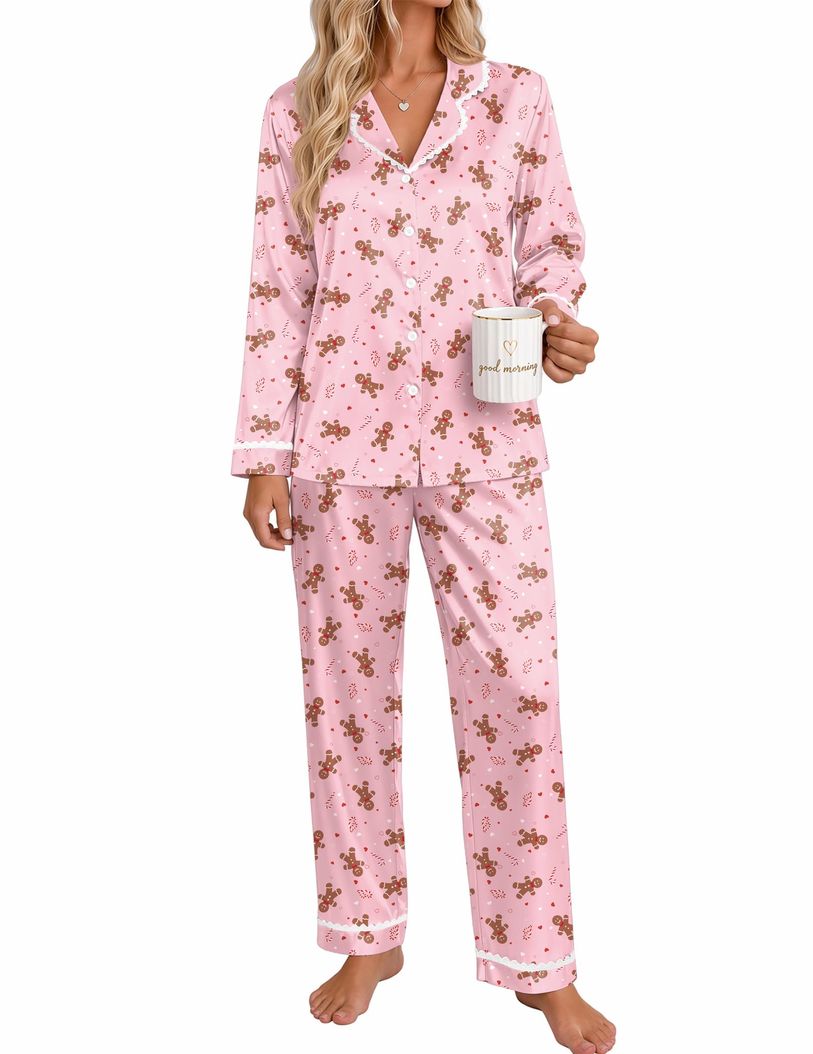 Ekouaer Satin Pajamas for Women Set 2 Piece Silk Pjs Long Sleeve Lounge Set
