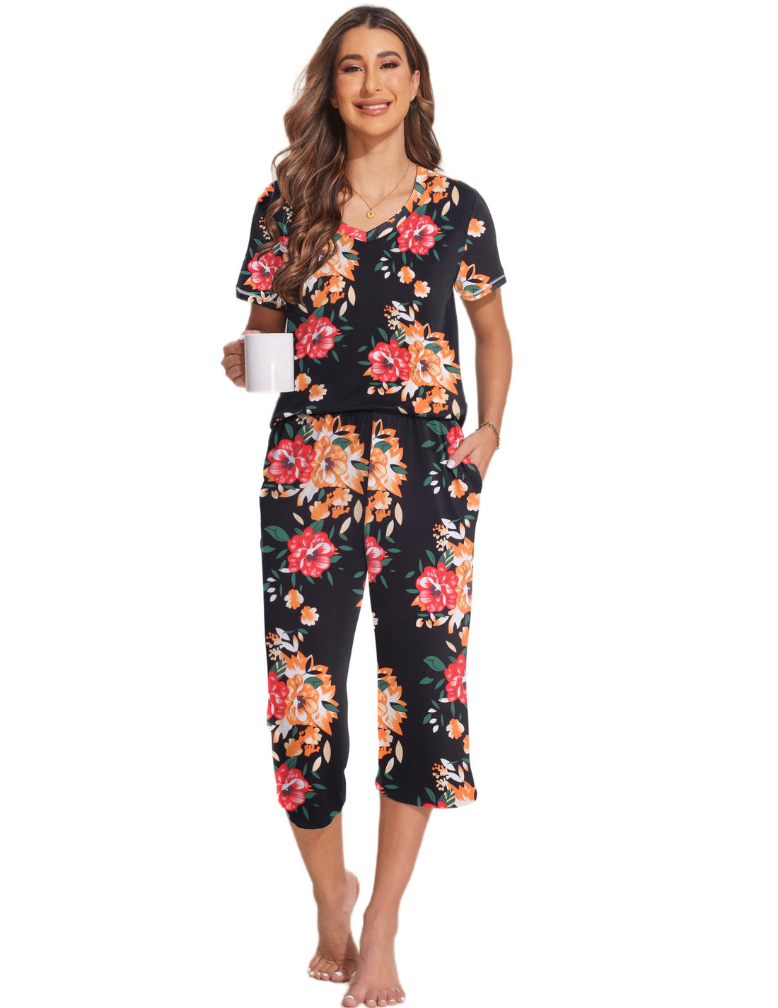 Ekouaer 2 Pack Women's Capri Pajama Sets Short Sleeve Two-Piece Pjs V Neck Tops & Pants Printed Lounge Sets S-3XL