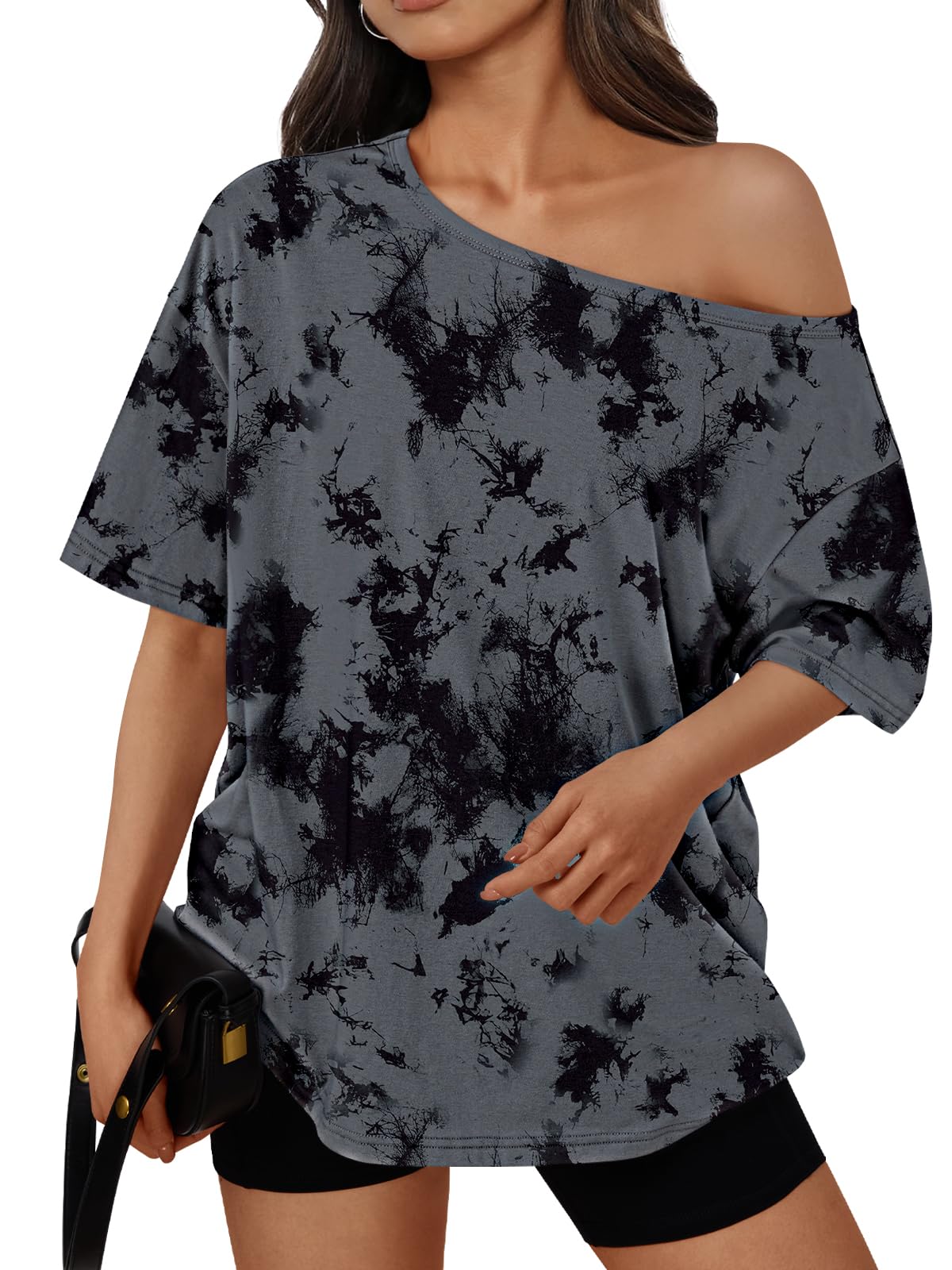Trendy Queen Womens Off the Shoulder Tops Oversized Summer T-Shirts 2026 | Breathable comfort stretch fabric, short sleeve, basic oversized tees, casual workout gym, y2k going out clothes