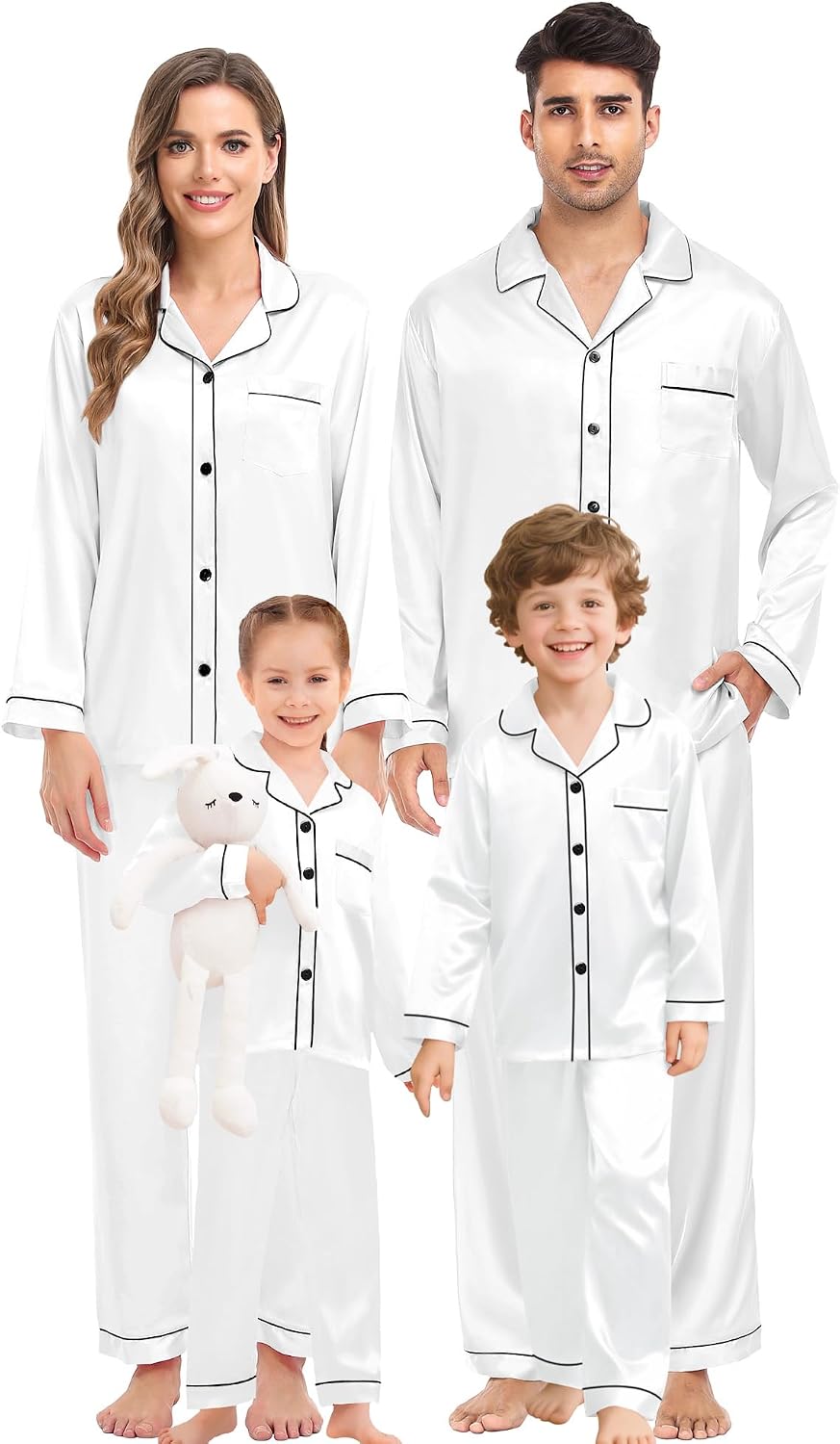SWOMOG Family Matching Pajama Set Silky Satin Pajamas Long Sleeve Sleepwear Button Down Loungewear 2 Pcs Pj Set(White, 150(Age for 12-13Y))