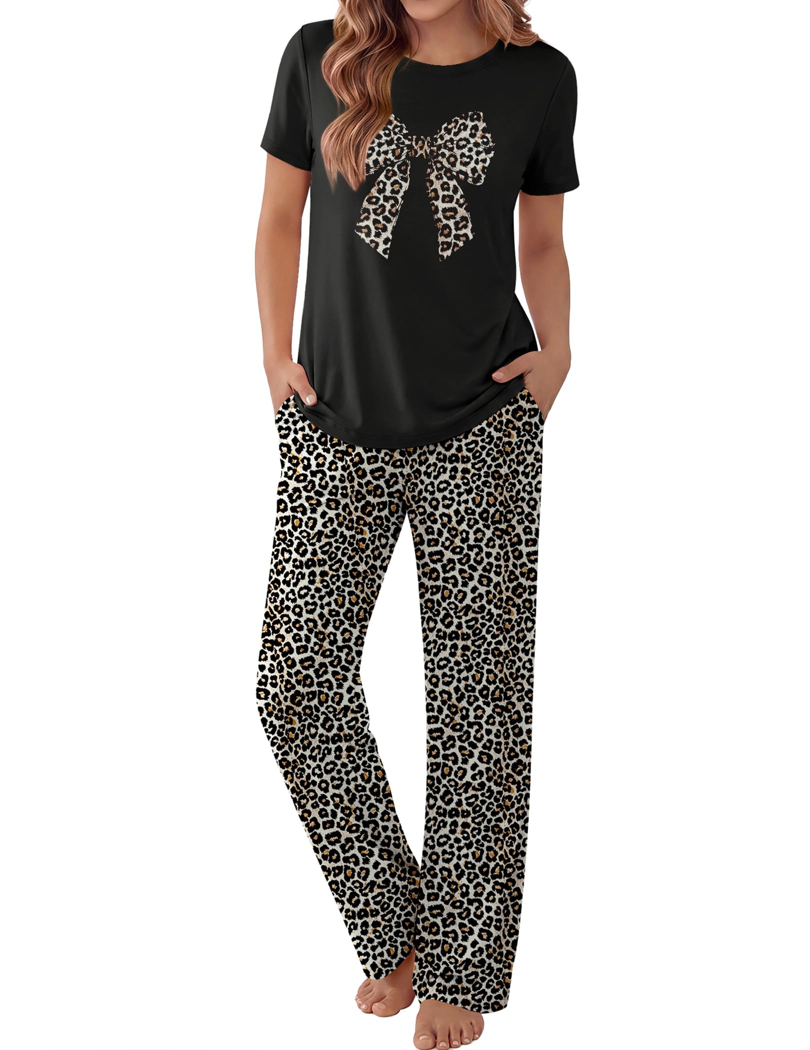 Ekouaer Pajama Set for Women 2 Piece Pjs Short Sleeve Top and Printed Pants