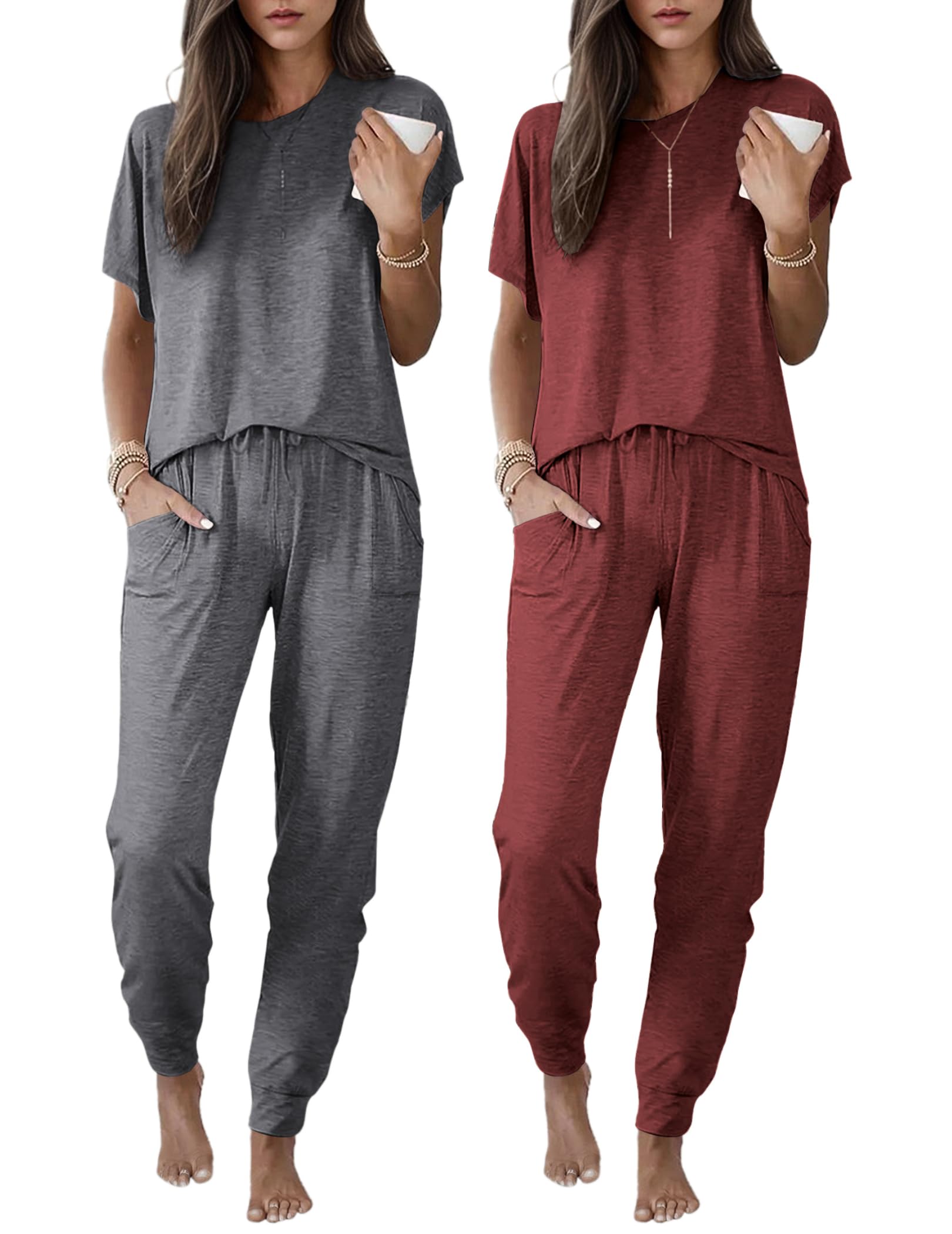 Ekouaer 2 Pack Womens Pajama Short Sleeve Jogger Pants Pjs Lounge Set