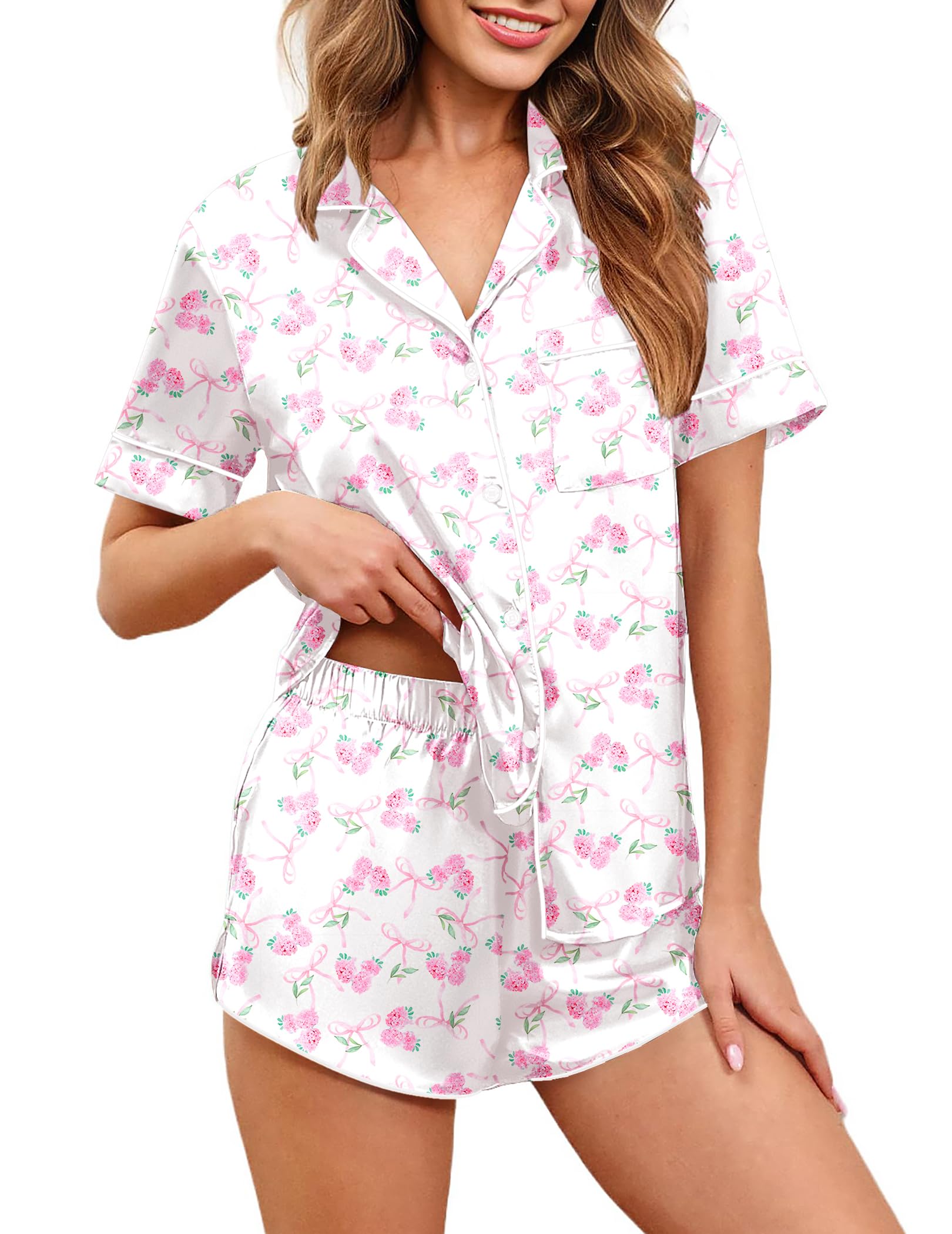 Ekouaer Womens Silk Satin Pajamas Set Short Sleeve Sleepwear S-5X Plus Size