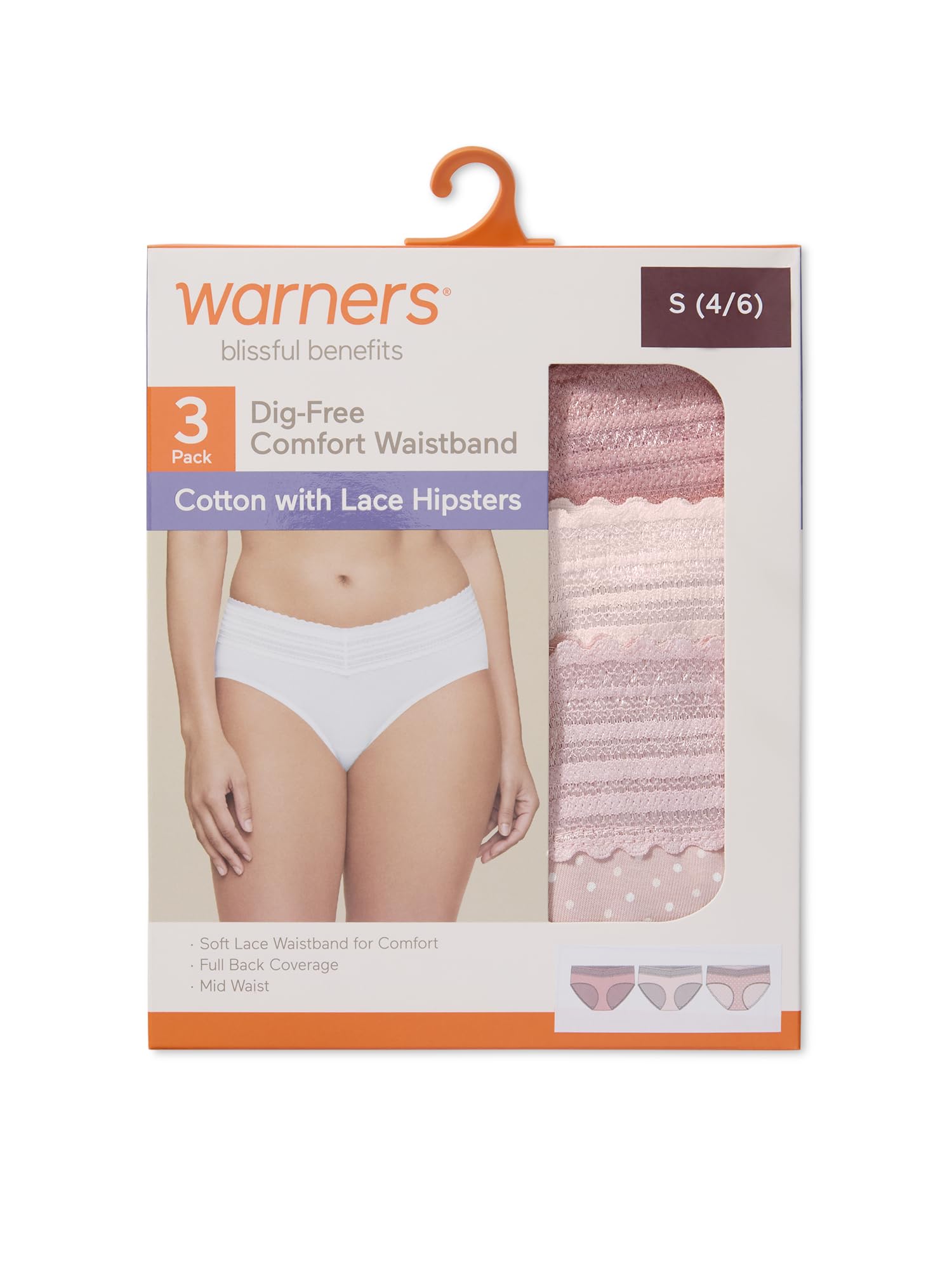 Warner's Women's Blissful Benefits Women's Dig-free Comfort Waist With Lace Cotton Hipster 3-pack