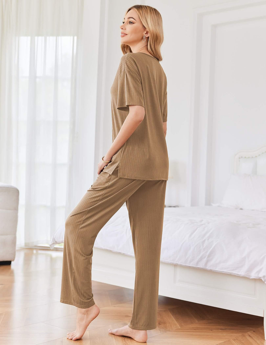Ekouaer Womens Ribbed Knit Lounge Set Short Sleeve Top and Long Pants Sleepwear Pajama Set Two Piece Matching Outfits Set