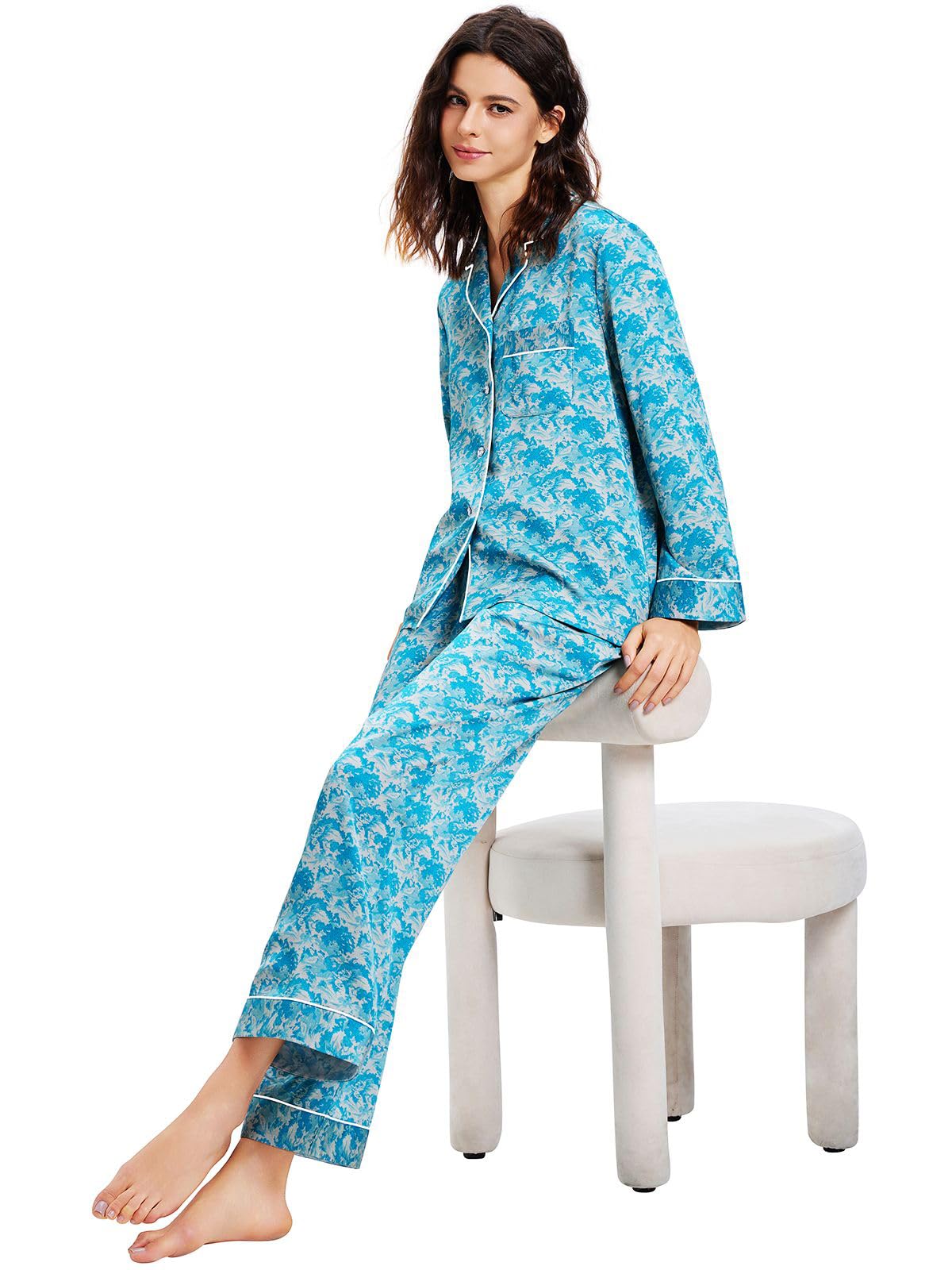 Lonxu Womens Satin Pajama Set Button Down Sleepwear Long Pj XS-3XL