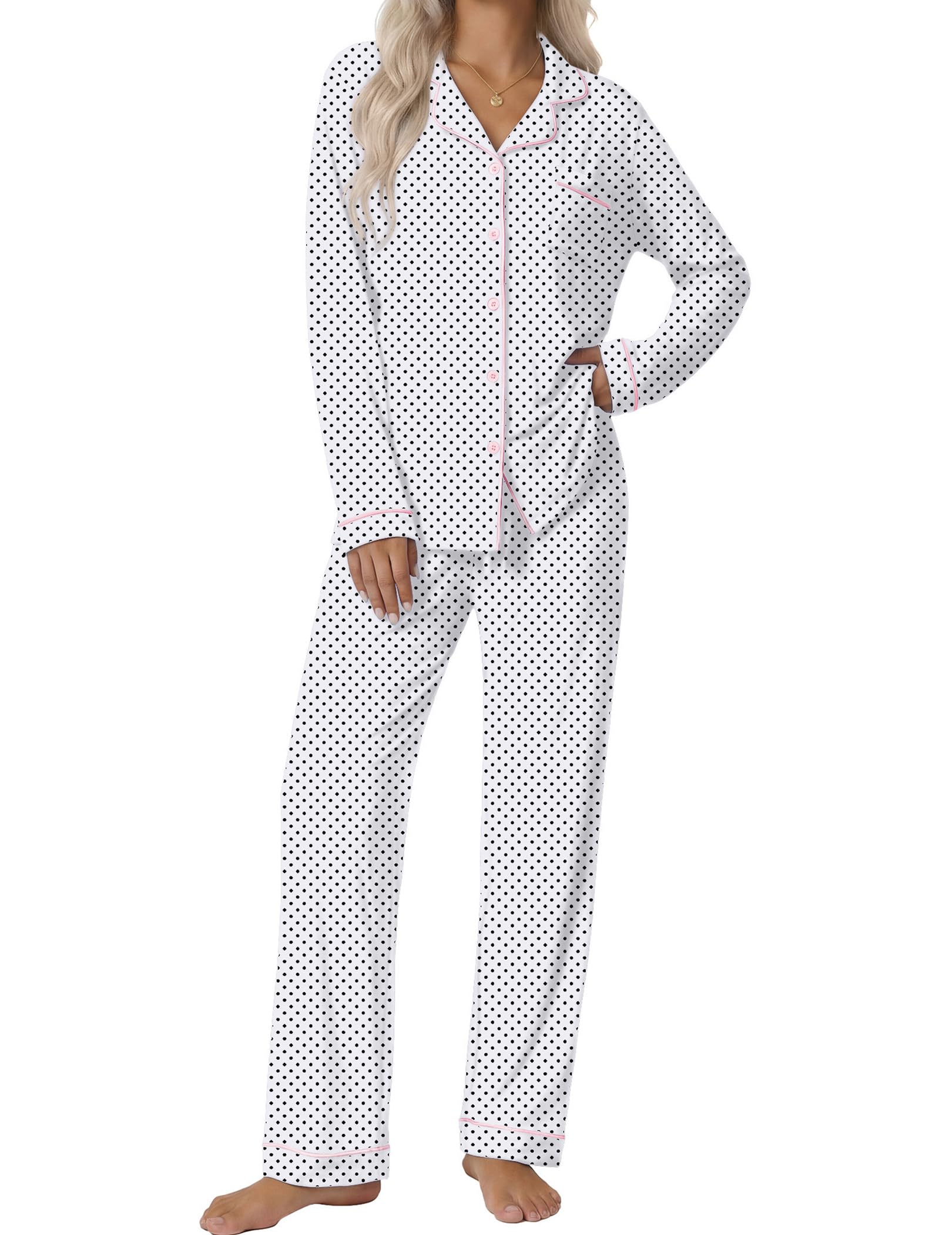 Ekouaer Women's Classic Long Sleeve Button Down Pajama Set