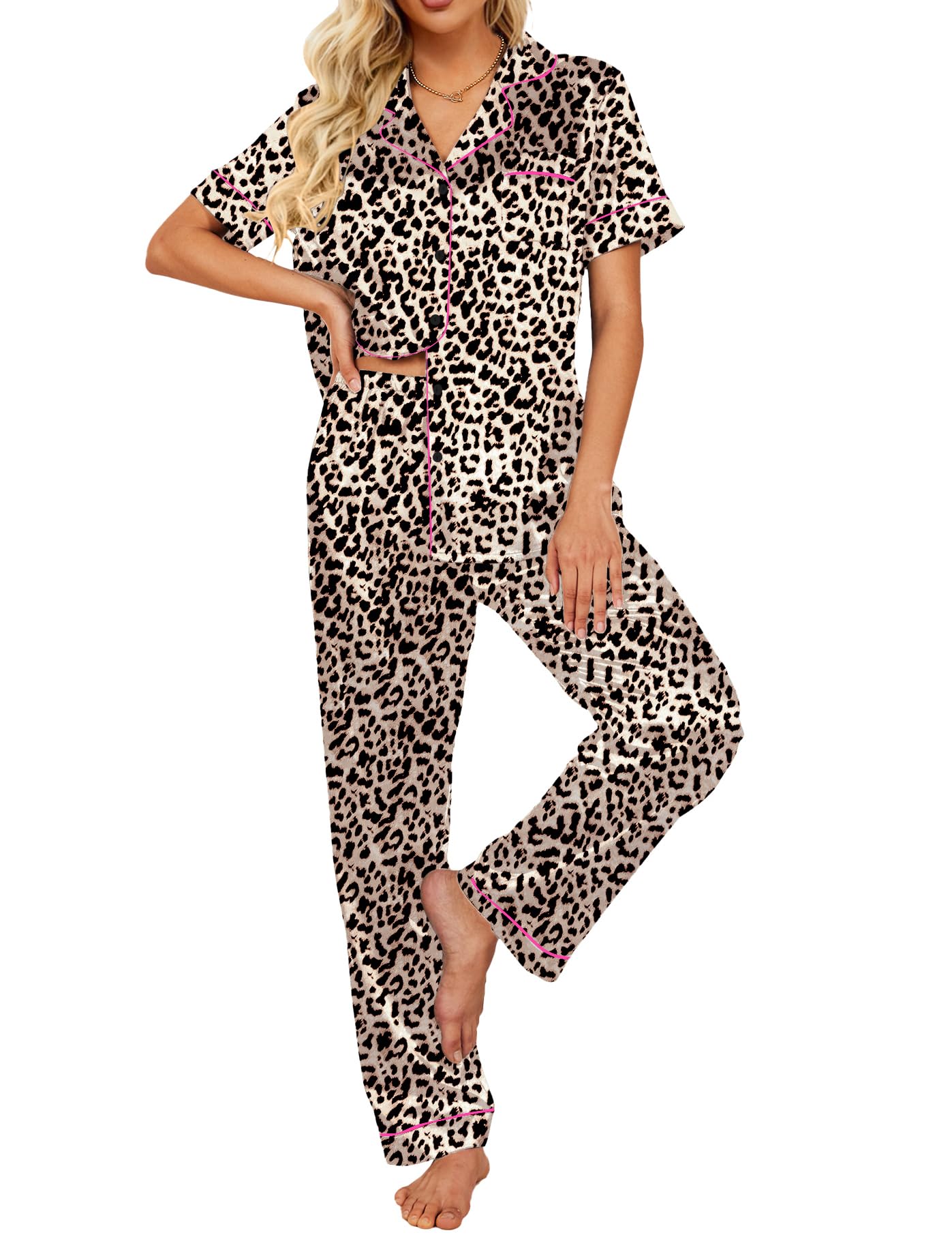 Ekouaer 2 Piece Satin Short Sleeve Pajamas Set Button Down Sleepwear