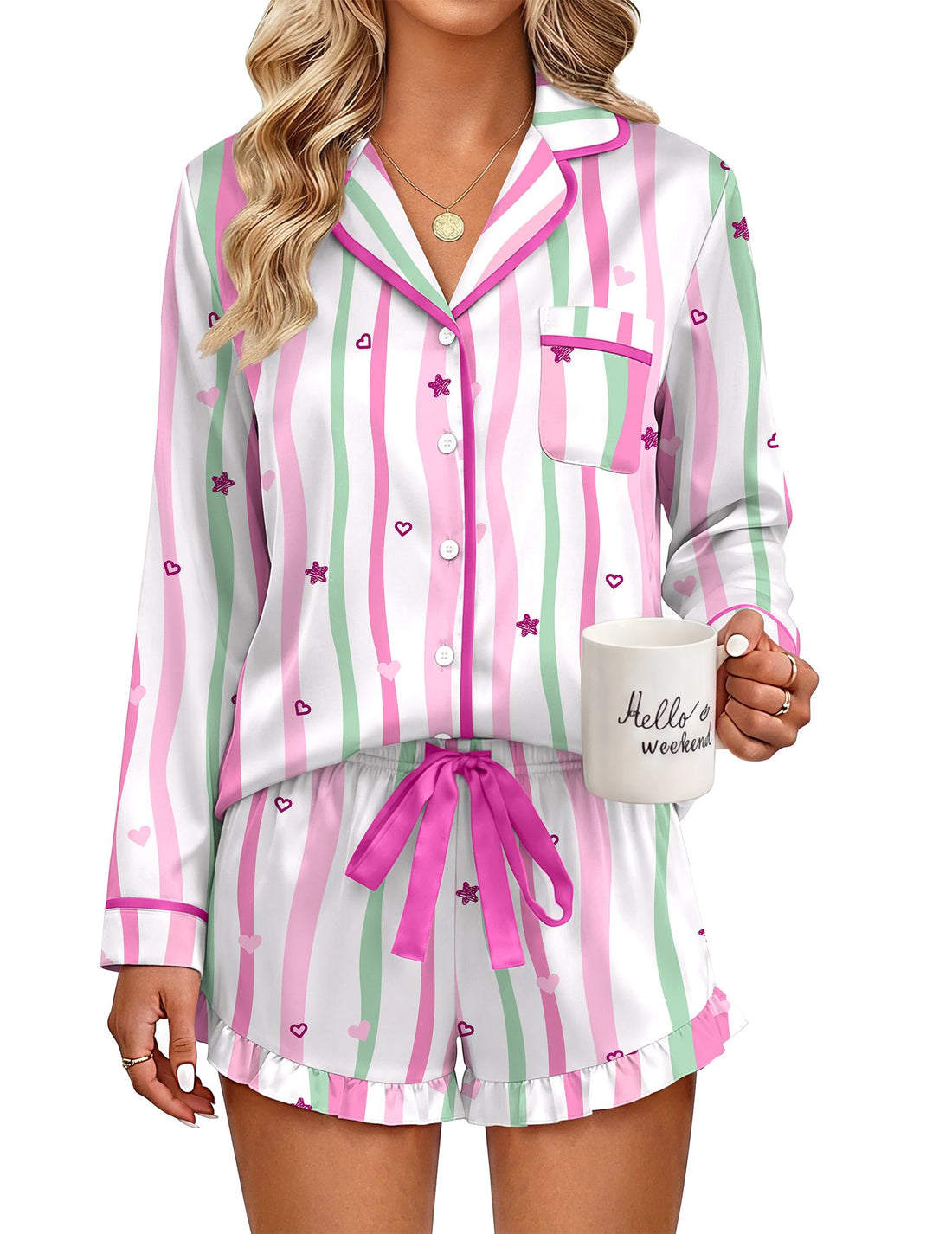 Ekouaer Womens Satin Pajamas Set 2 Piece Long Sleeve and Ruffle Shorts