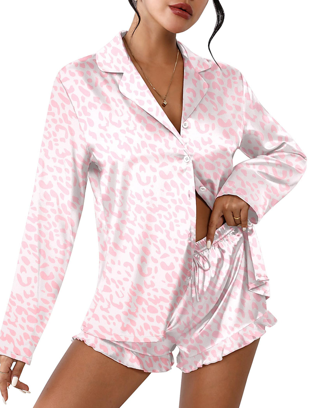 Ekouaer Womens Satin Pajama Sets Cute Button Down Silk Pjs with Ruffle