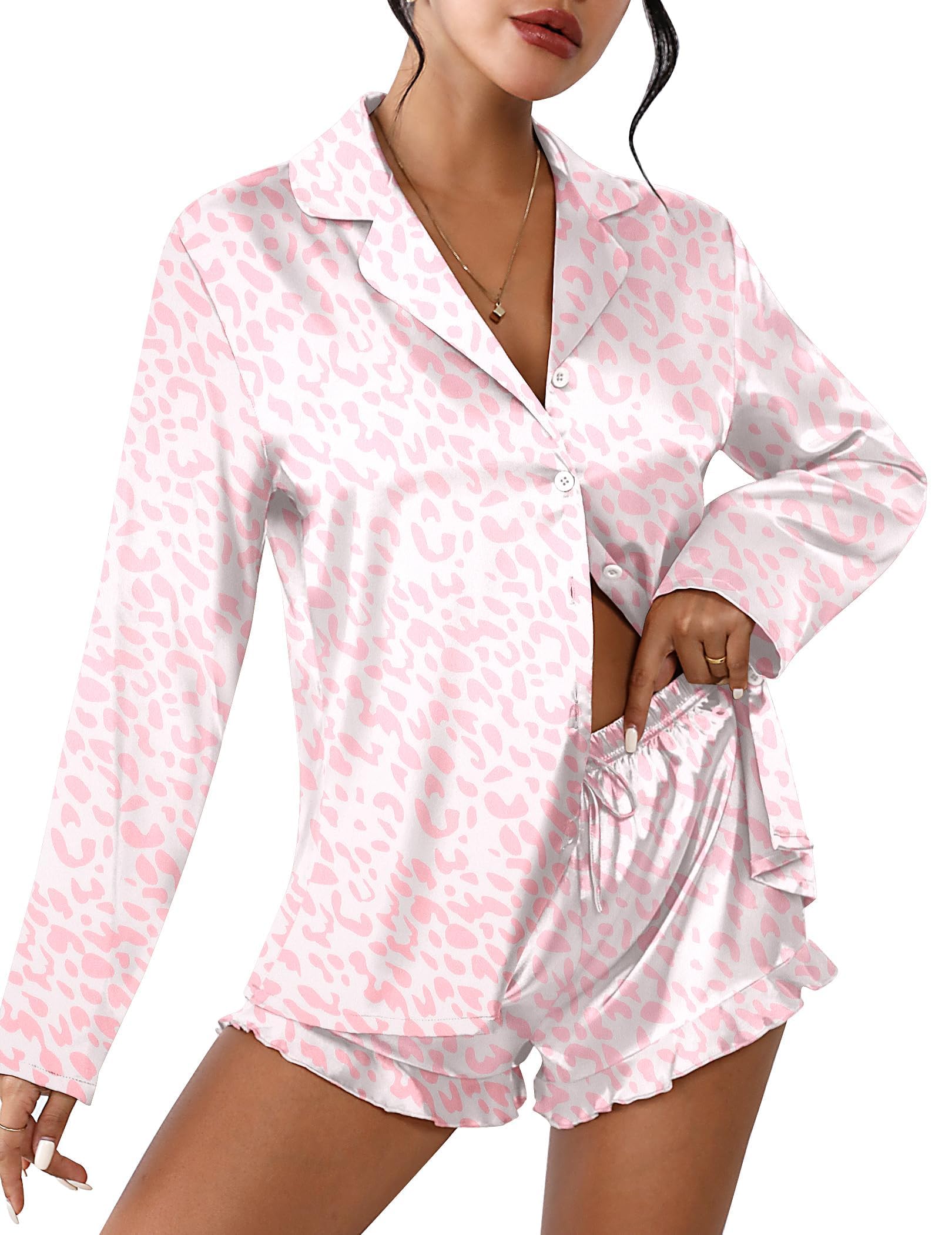 Ekouaer Womens Satin Pajama Sets Cute Button Down Silk Pjs with Ruffle