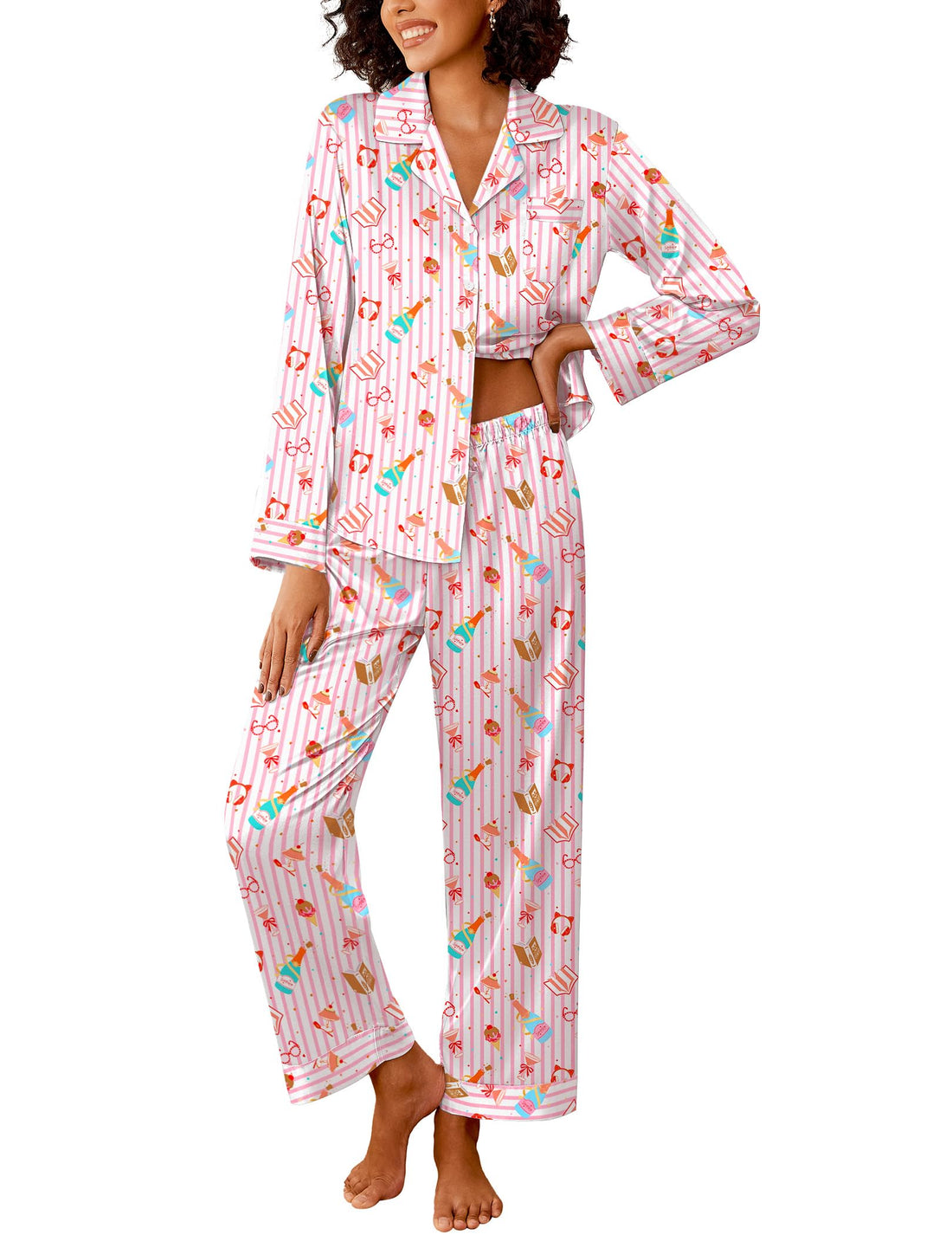 Ekouaer Womens Silk Satin Pajama Sets 2 Piece Pjs Set Stripe Sleepwear