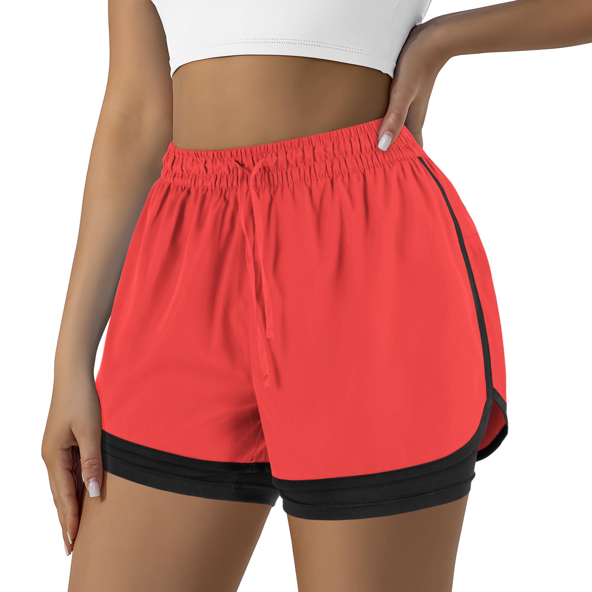 Yevrimow Women's 2 in 1 Running Shorts for Gym Yoga Workout Athletic Shorts High-Waisted Shorts with Liner Pockets