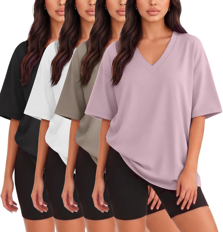 Kinglaman 4 Pack Oversized TShirts for Women Drop Shoulders Dry Fit Tops | Baggy quick dry crew neck tops, trendy oversized plus size gym & lounge tees