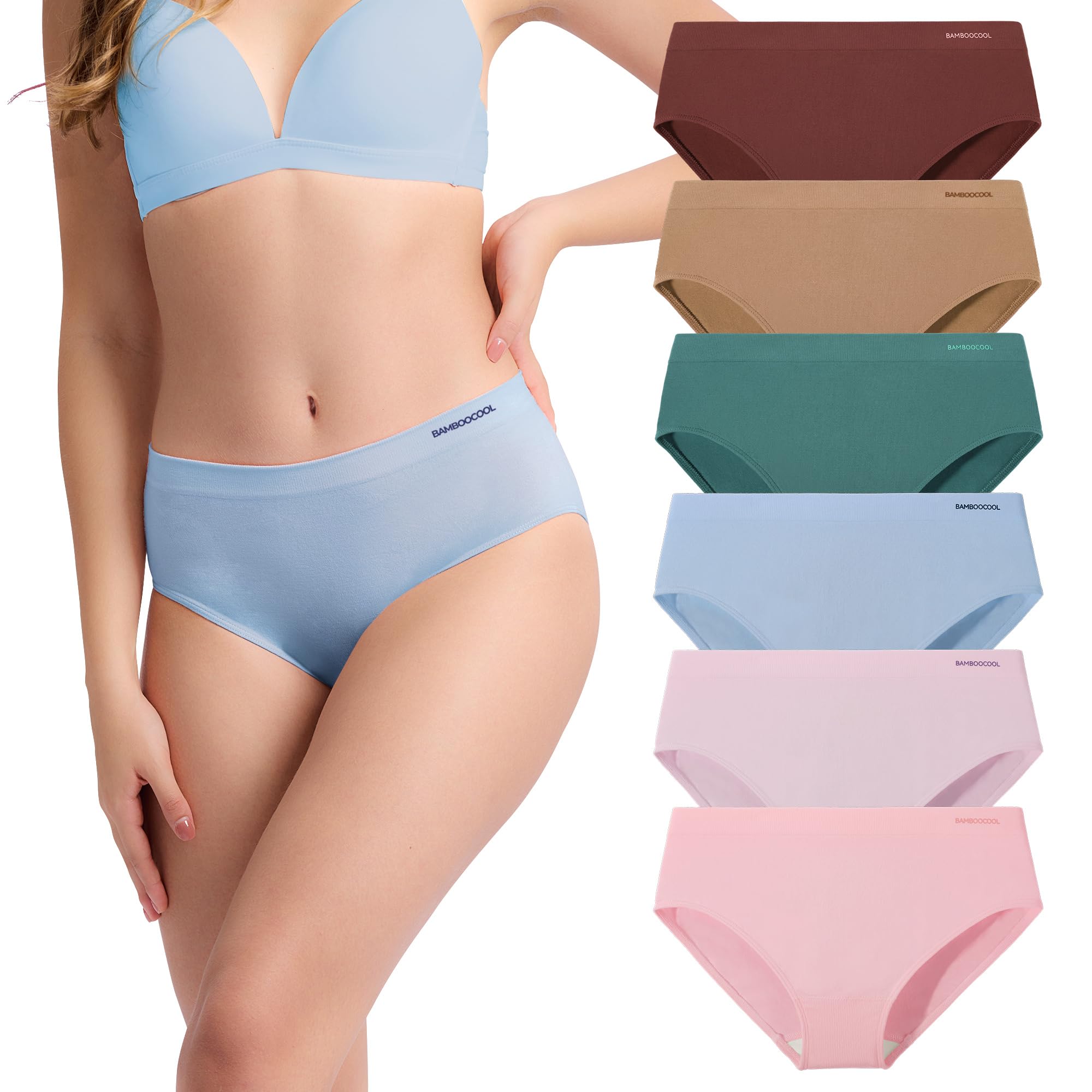 Women's Bamboo Seamless Bikini Panties Moisture-Wicking Stretchy Breathable Hipster Coverage Ladies Underwear 6-pack