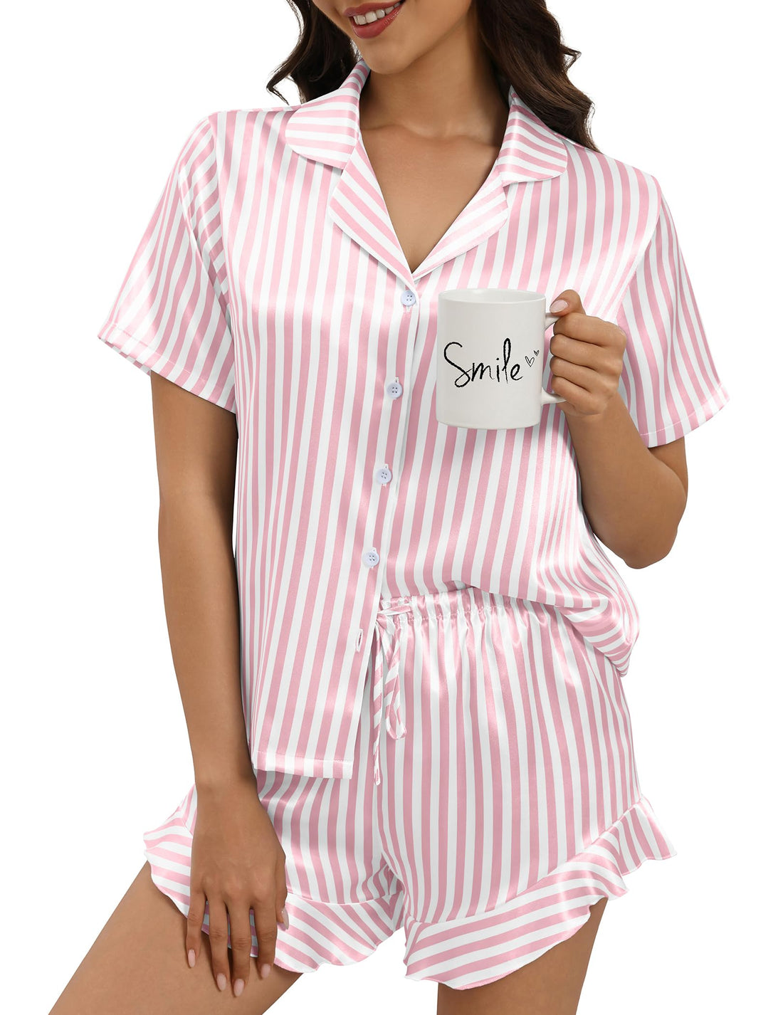 Silk Pajamas for Women Button Down 2 Piece Satin Pjs Shorts Set Ruffle Notch Collar Sleepwear Loungewear