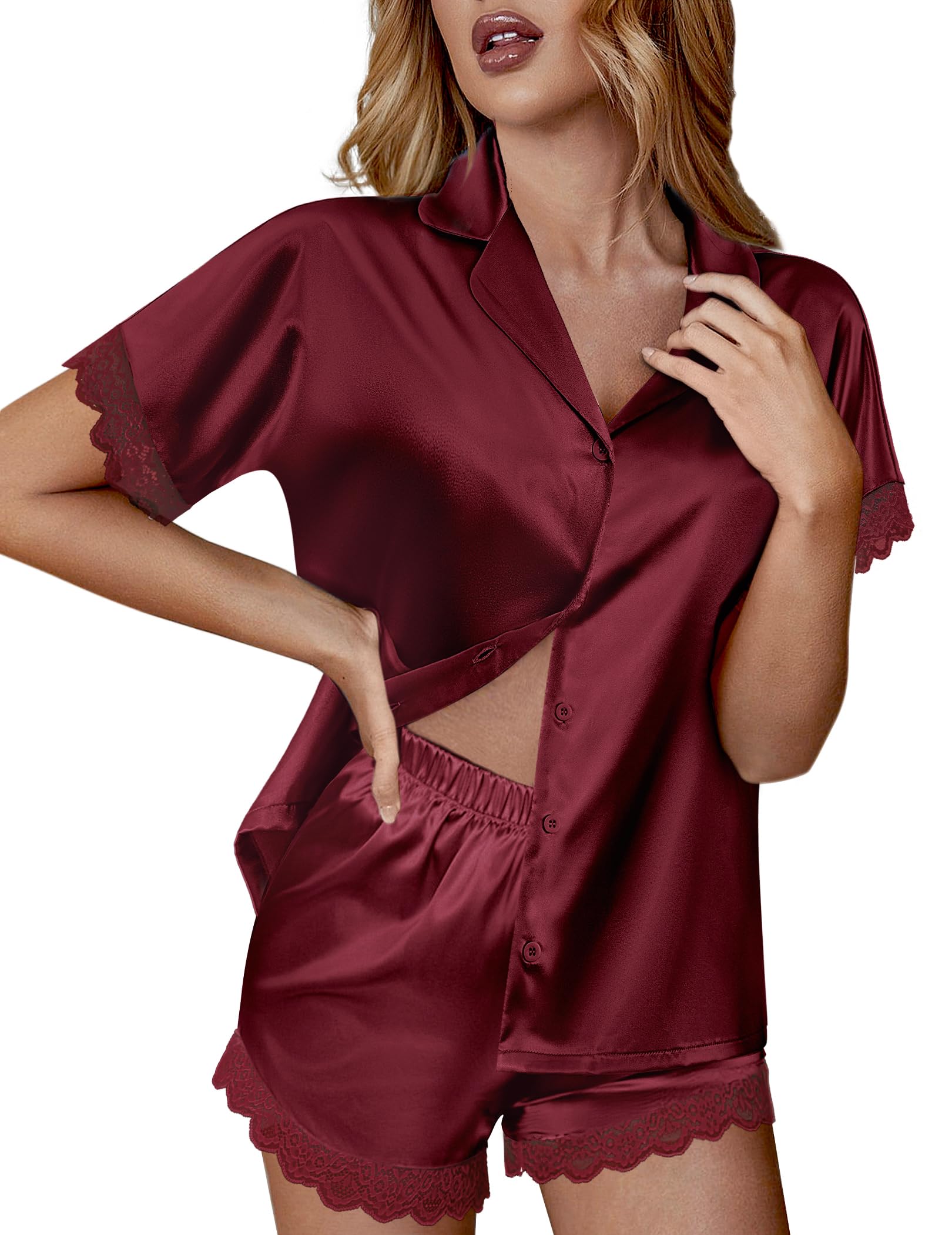 Ekouaer Women Lace Satin Pajama Set Button Down Silk Pjs Shorts Set XS-XXL