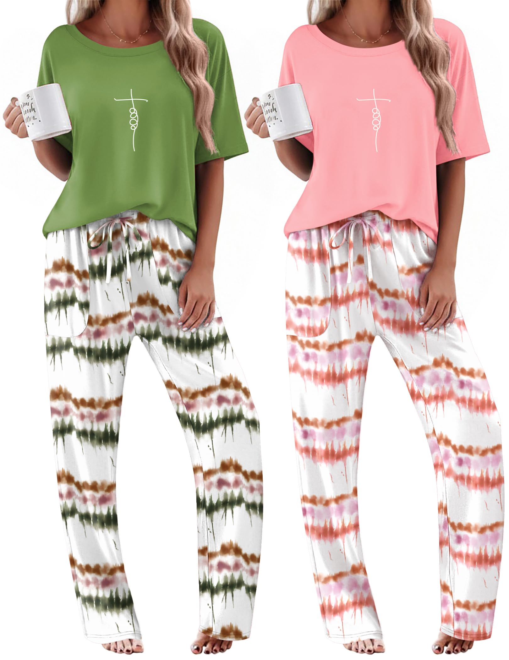 Ekouaer 2 Pack Womens Pajamas Sets Short Sleeve Long Pants Pjs Lounge Set