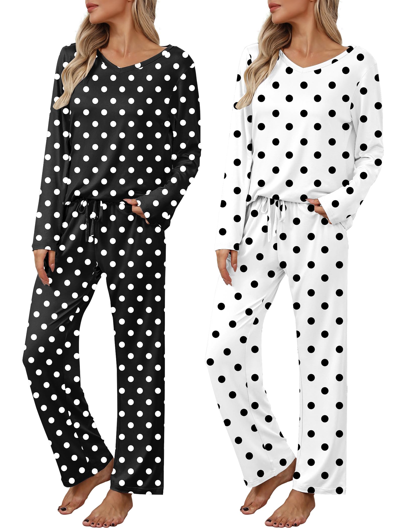 2 Pack: Women's Long Sleeve Pajama Sets - V Neck Top and Pants Lounge sets