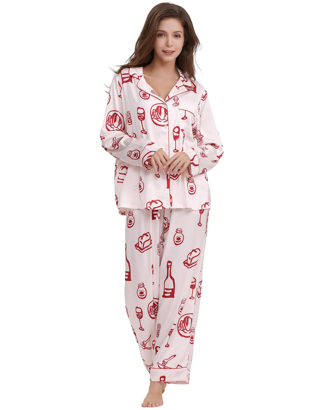 YiNi LuLu Womens Silk Satin Pajamas Set Button Down 2 Piece Pjs Long Sleeve Oversized Sleepwear with Pockets
