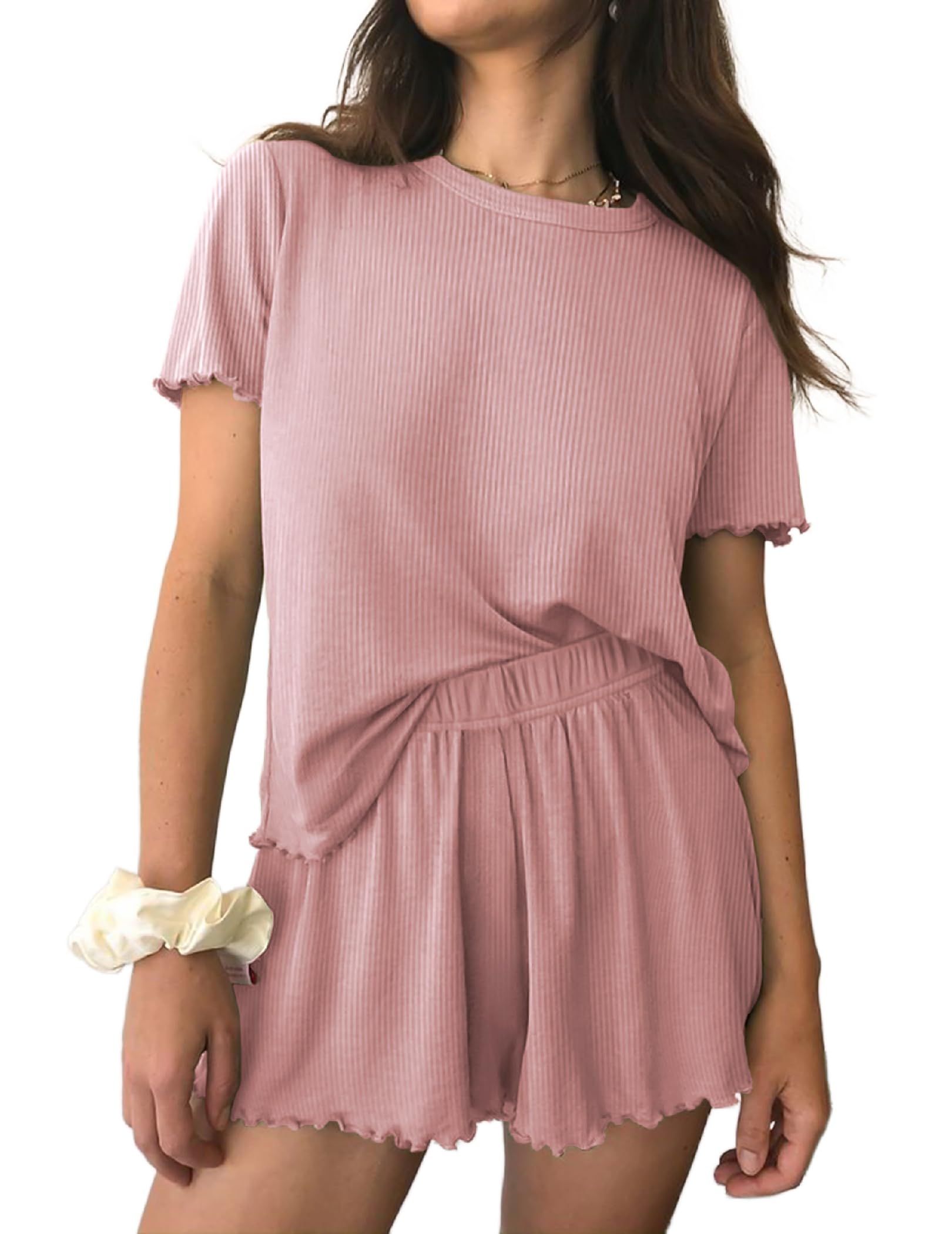 Ekouaer Womens Pajamas 2 Piece Ribbed Knit Pjs Short Sleeve Lounge Sets