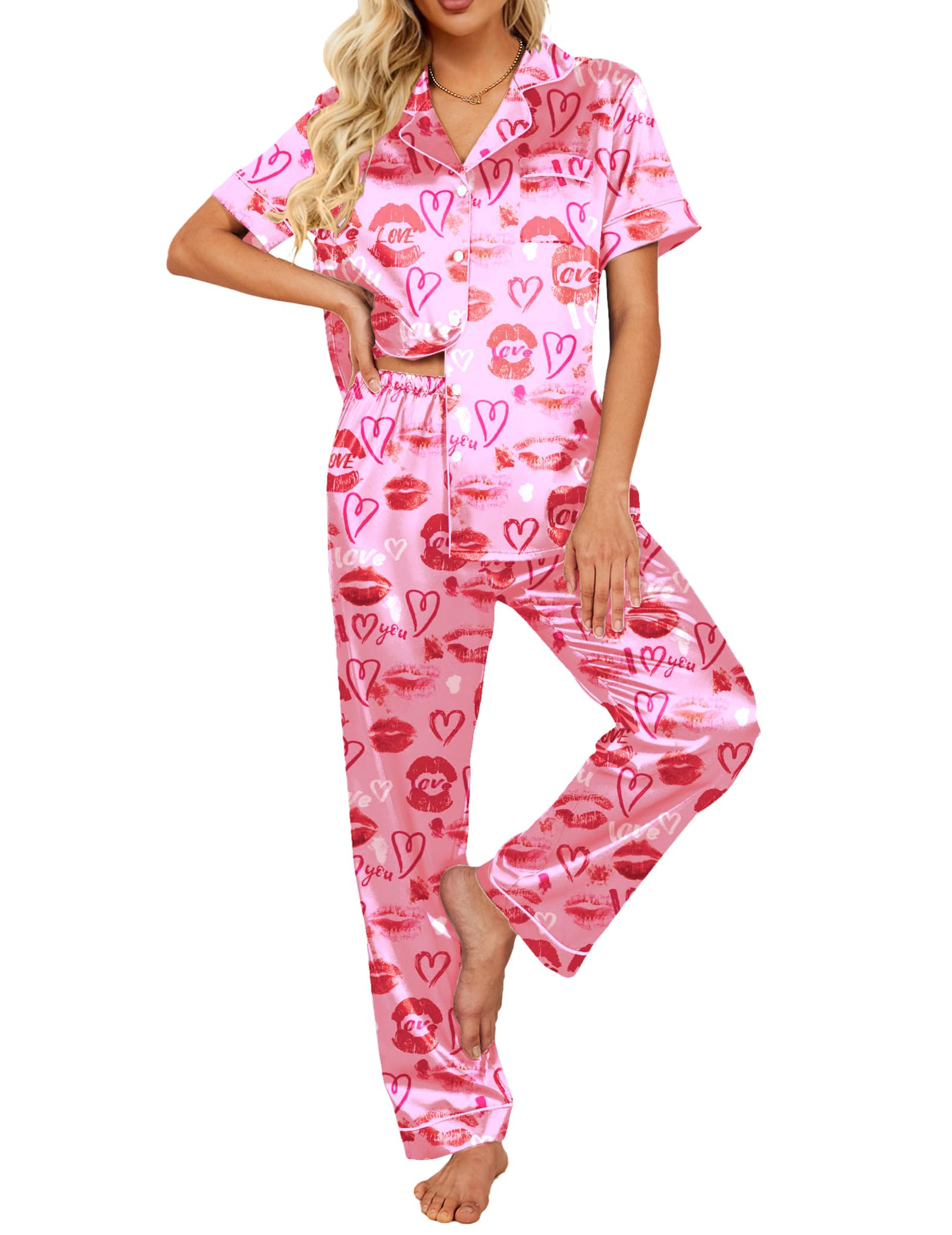 Ekouaer 2 Piece Satin Short Sleeve Pajamas Set Button Down Sleepwear