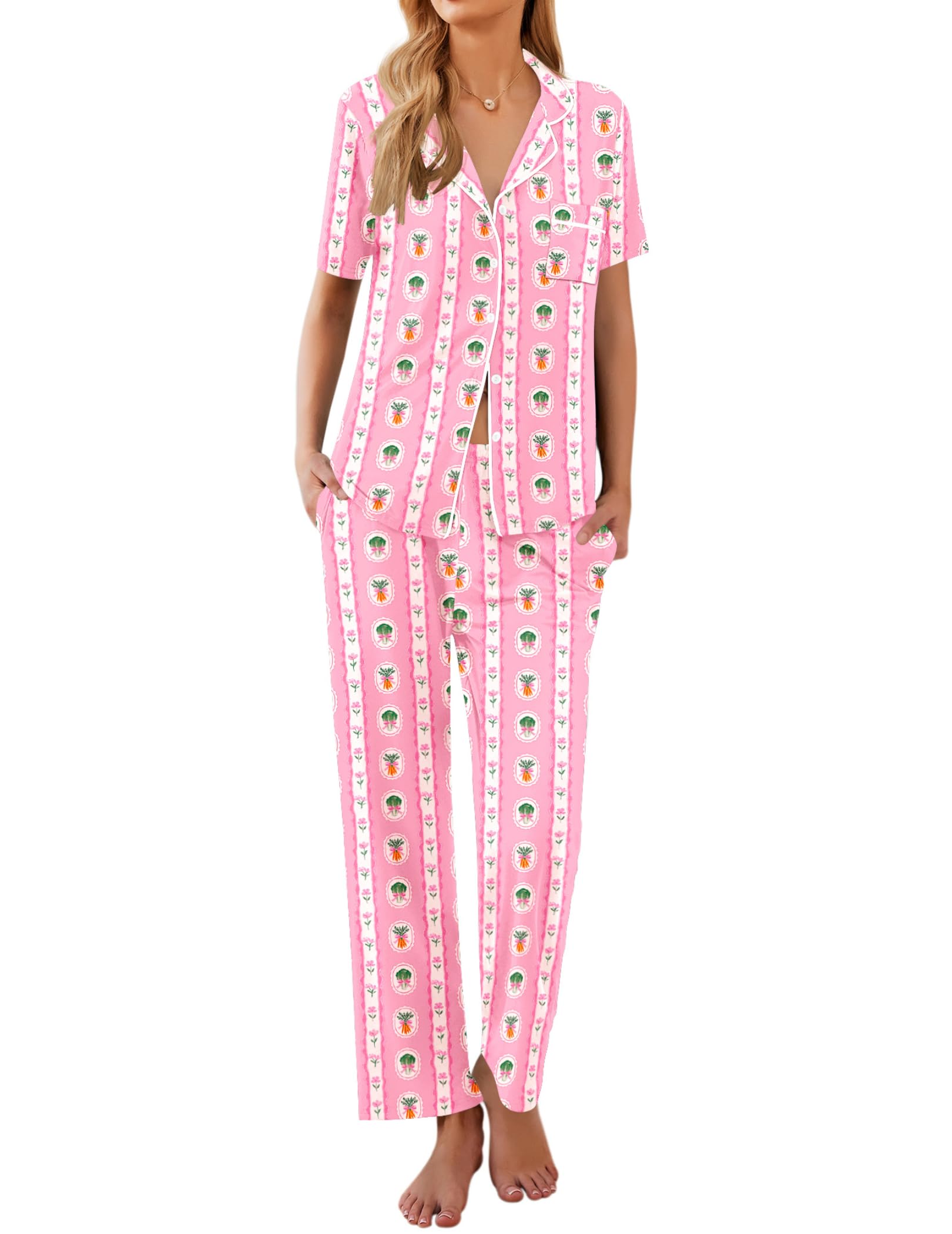 Ekouaer Womens Pajamas Set Short Sleeve Button Down Top & Pants Lounge Pjs