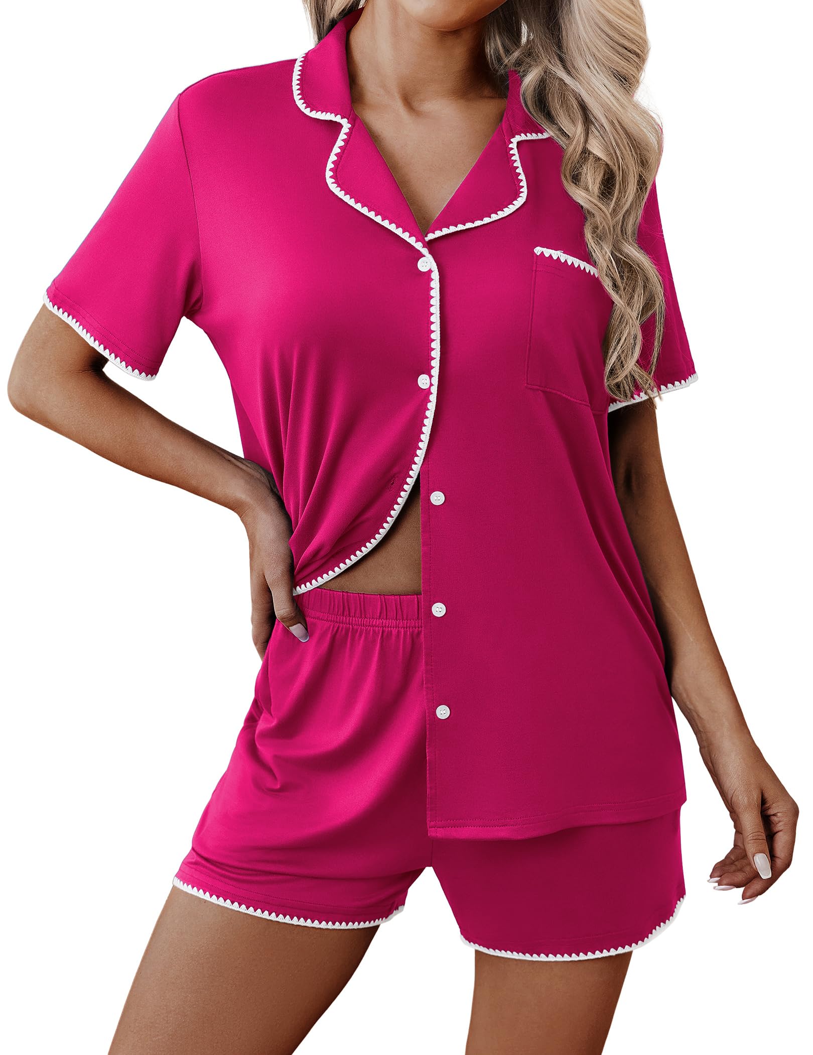Ekouaer Pajamas for Women Set 2 Piece Soft Button Down Top and Shorts