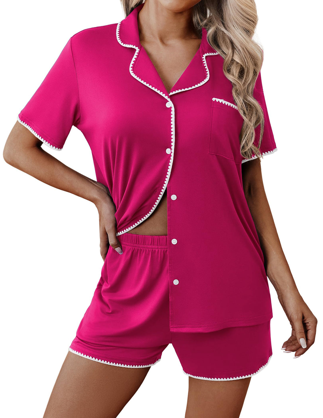 Ekouaer Pajamas for Women Set 2 Piece Soft Button Down Top and Shorts
