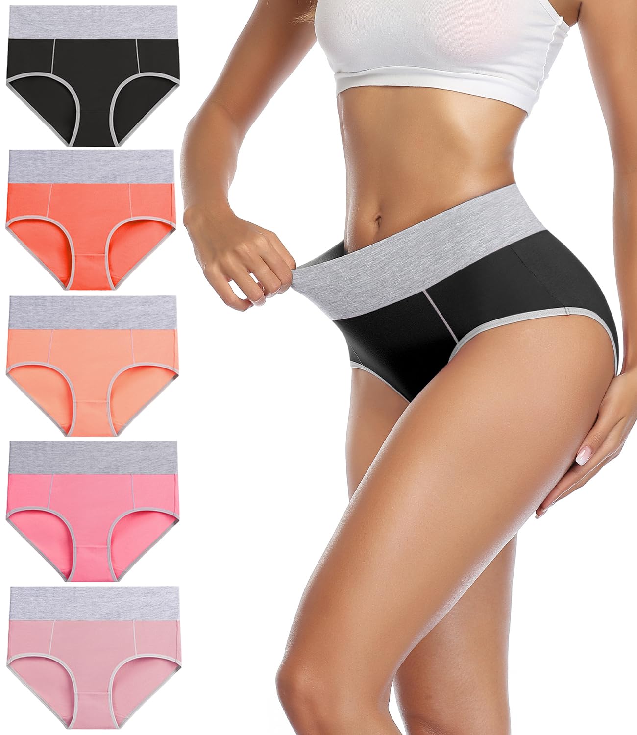 wirarpa Women's Cotton Underwear High Waist Stretch Briefs Soft Underpants Ladies Full Coverage Panties 5 Pack