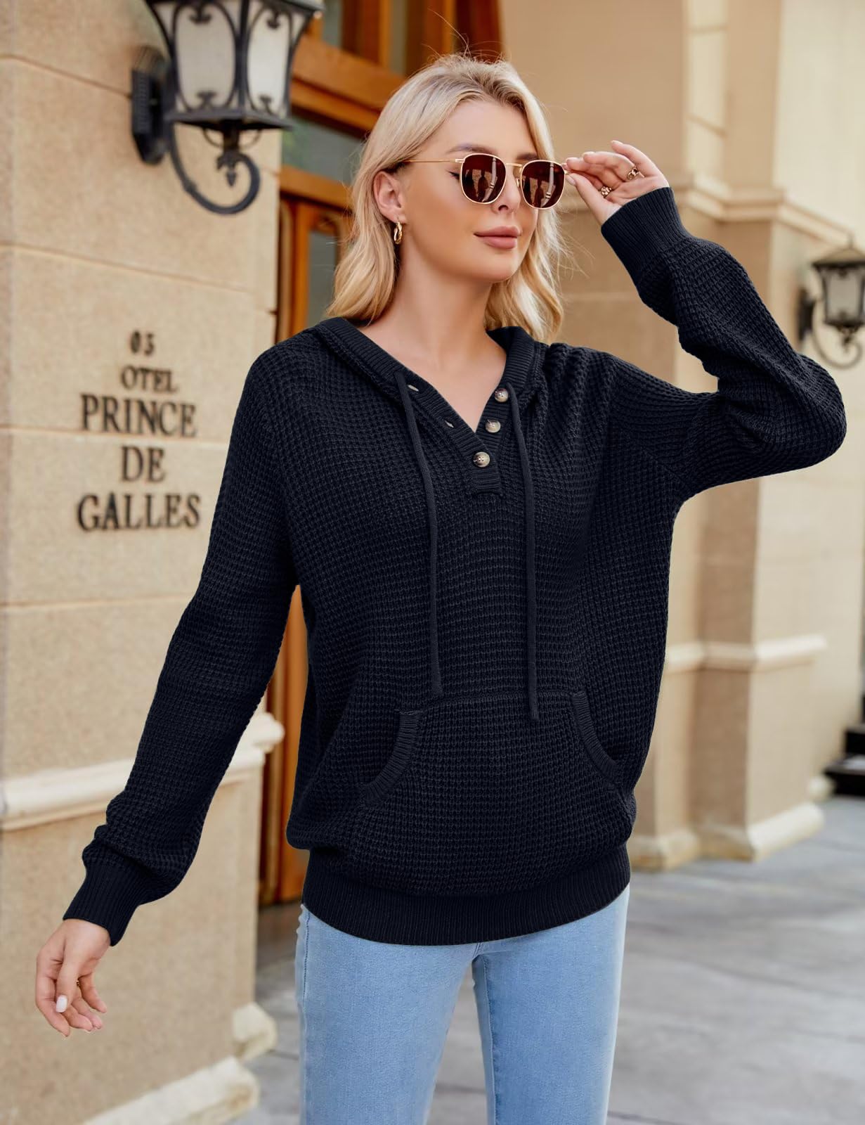 CiCiBird Women's Fall Hoodies Sweater V Neck Waffle Knit Top with Pocket | Loose Fit, V Neck Button, Adjustable Drawstring, Long Sleeve, Kangaroo Pocket, Weekend Errands, Daily Wear, Work Casual