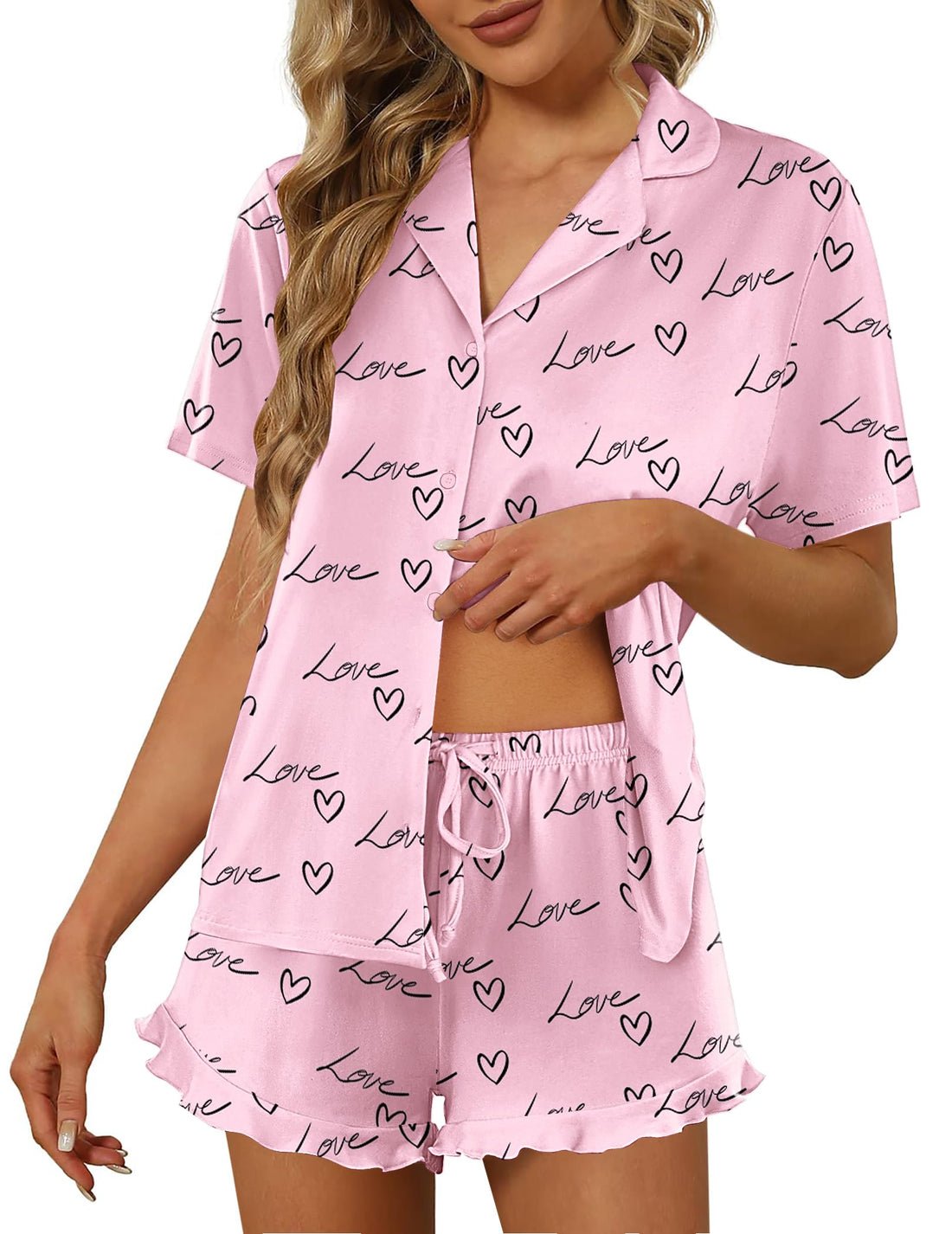 Ekouaer Pajamas Set for Women Short Sleeve Sleepwear Button Down Ruffle Pjs