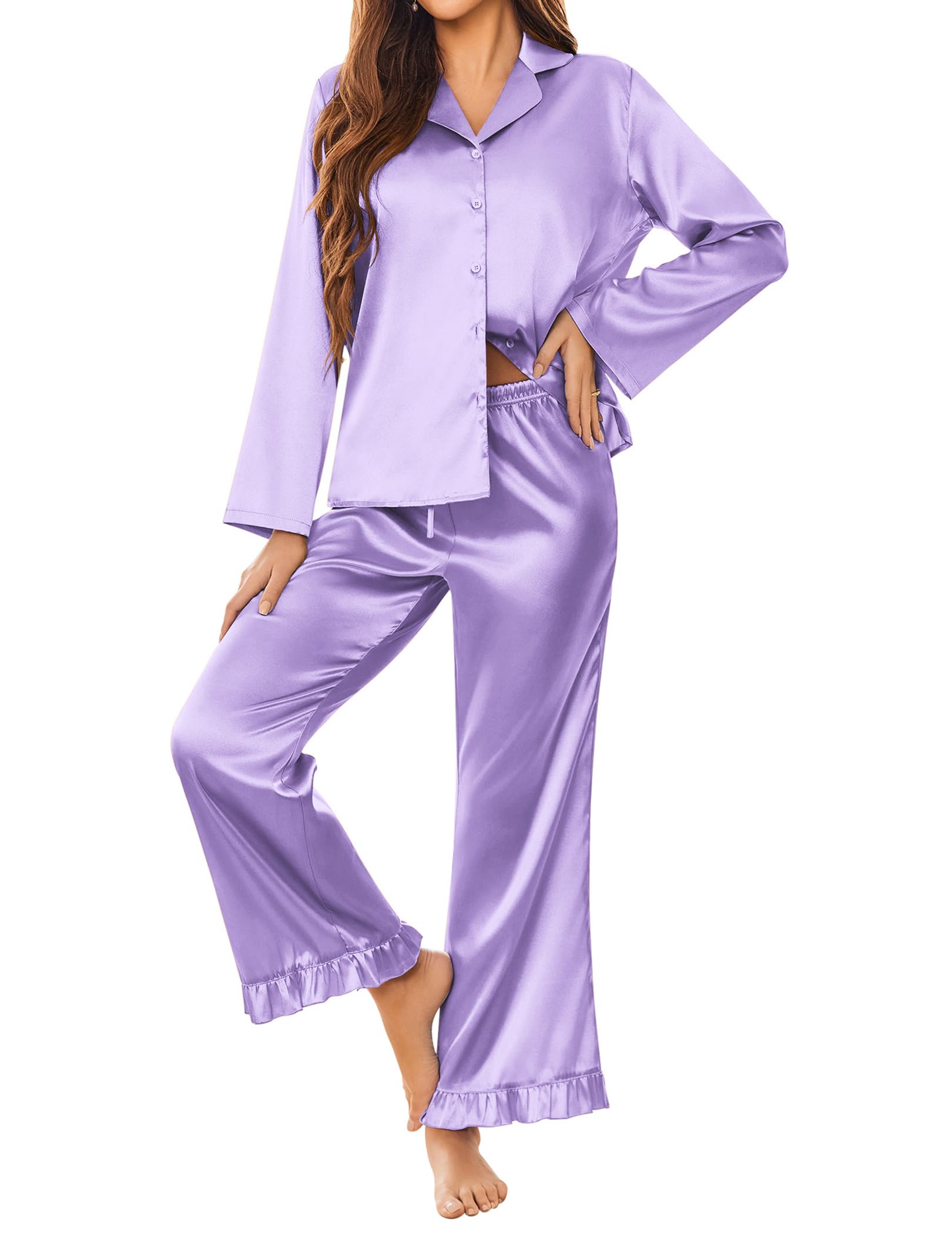 Ekouaer Satin Pajama Set for Women Long Button Down Silk Pj with Ruffle