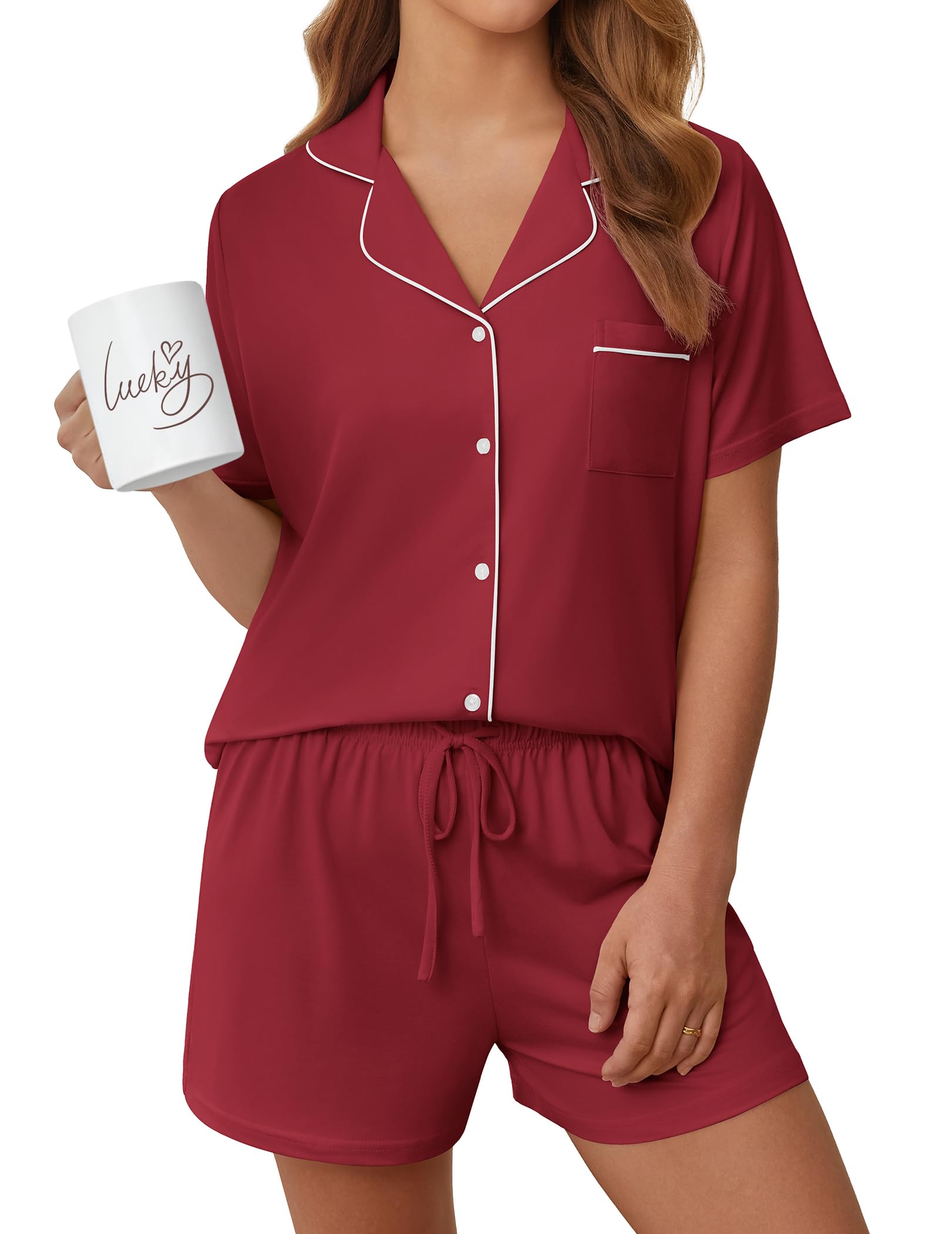 Womens Pajama Sets Summer Pjs Short Sleeve Button Down Top and Shorts Bride Sleepwear 2 Piece Comfy Lounge Set S-XXL