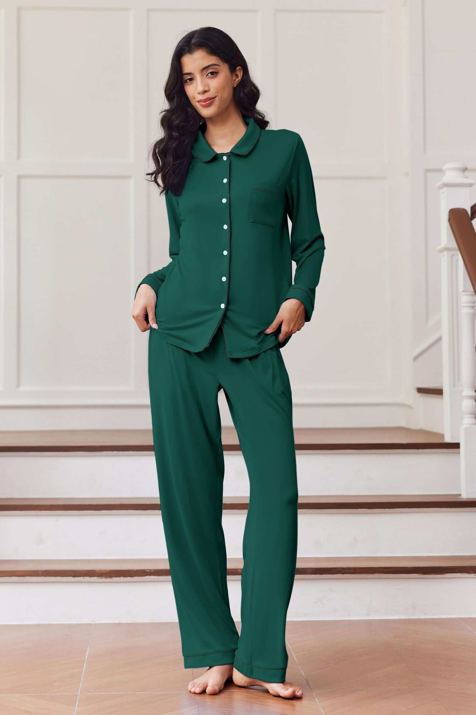 Ekouaer Women's Pajama Set Long Sleeve Lounge Set Soft Button Down Pjs